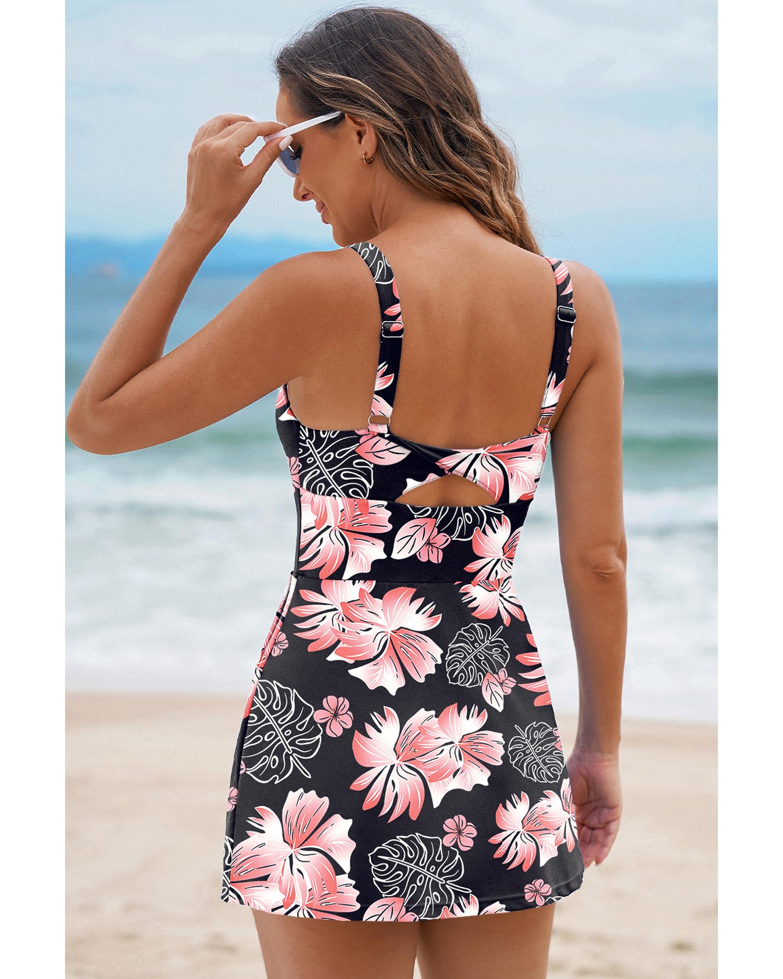 Black Floral Print Twisted Hollowed Back Swim Dress - S