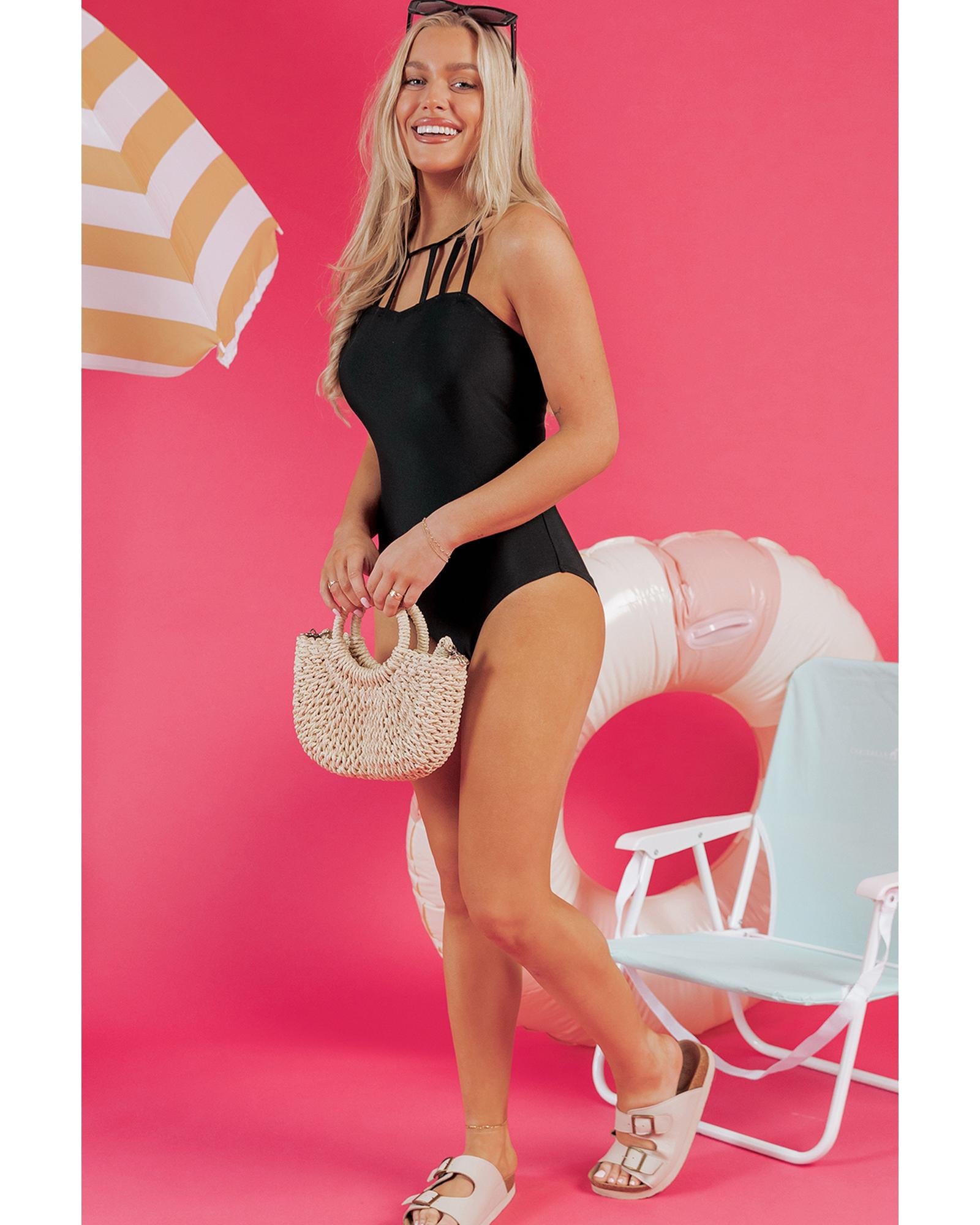 Black Sleeveless Strappy Halter Neck Sexy One Piece Swimsuit - M