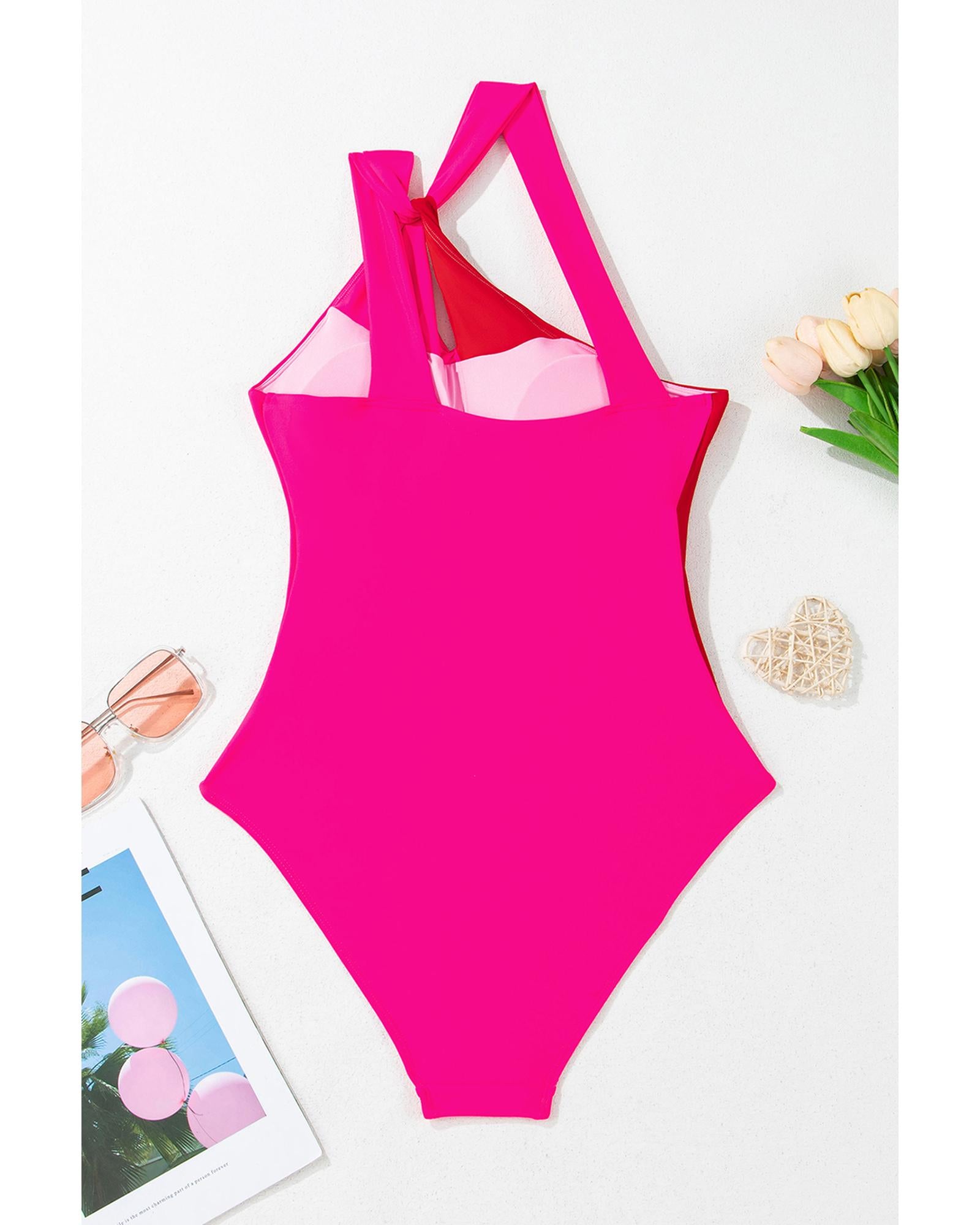 Rose Red Knotted One Shoulder Two Tones Backless One Piece Swimsuit - 2XL