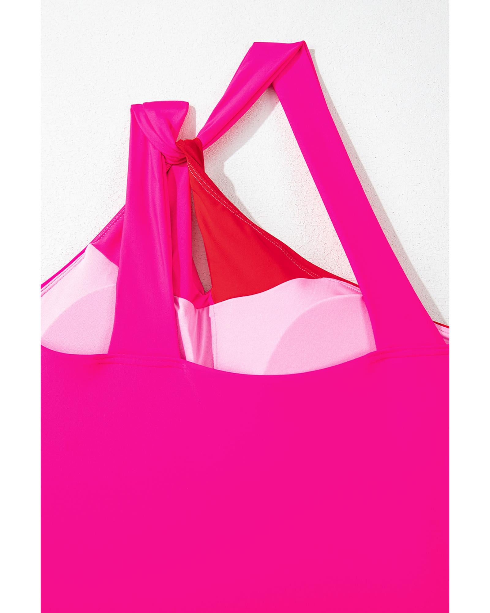 Rose Red Knotted One Shoulder Two Tones Backless One Piece Swimsuit - 2XL