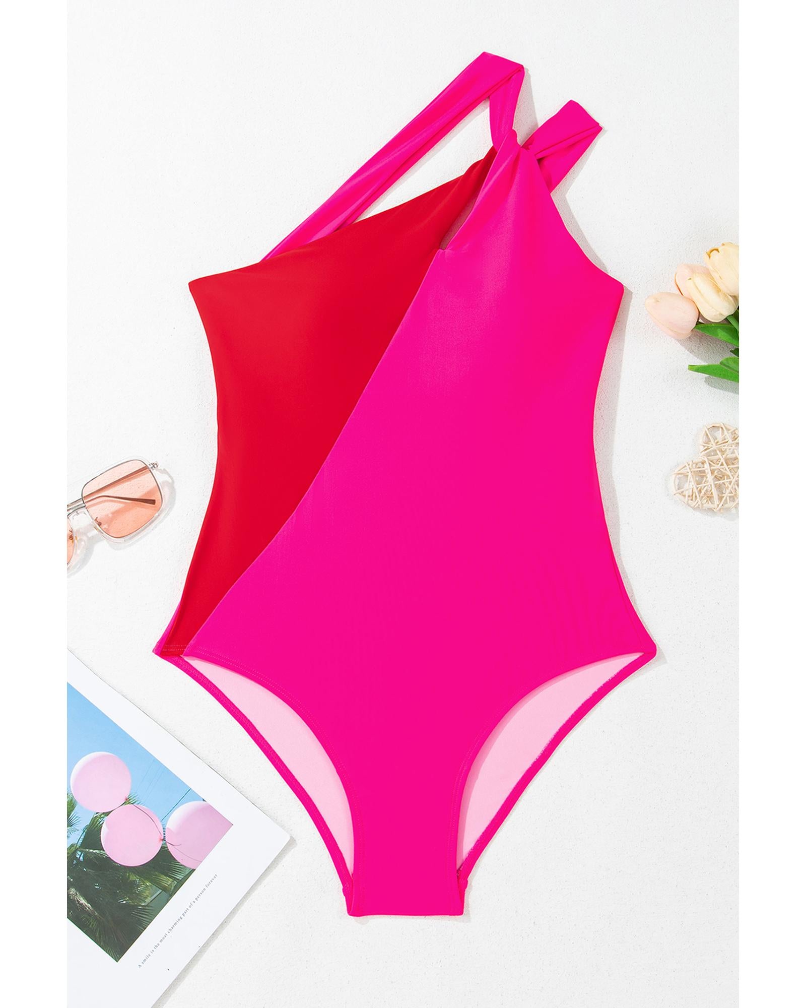 Rose Red Knotted One Shoulder Two Tones Backless One Piece Swimsuit - S