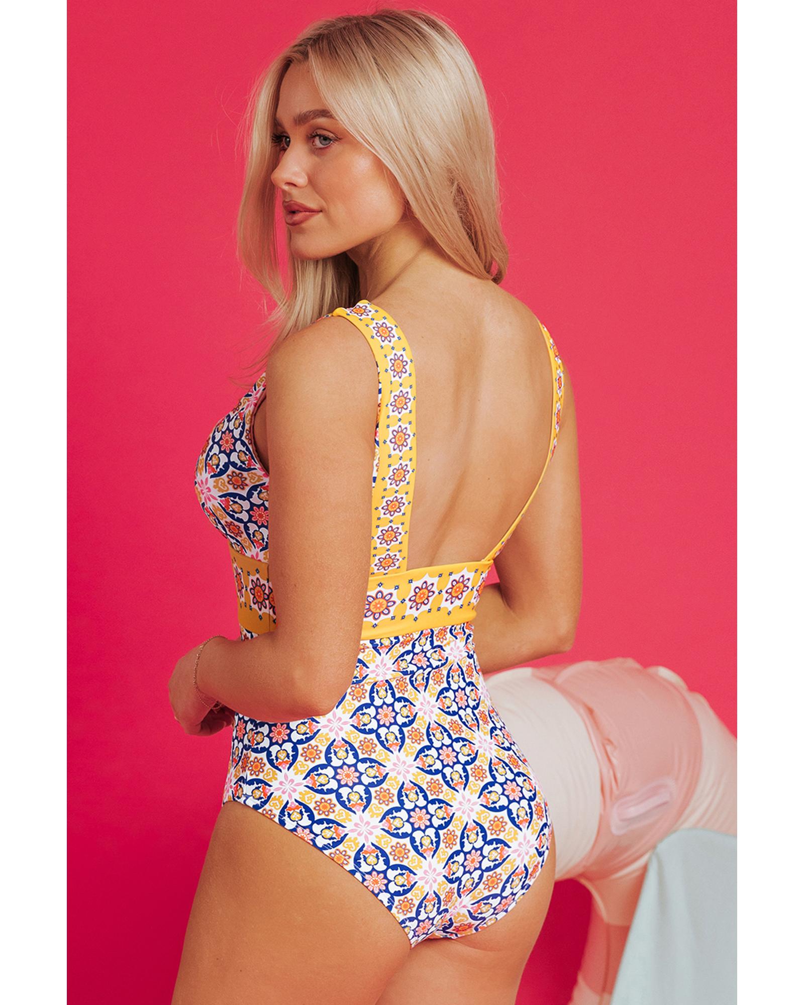 Yellow Floral Print V Neck One Piece Swimsuit - 2XL