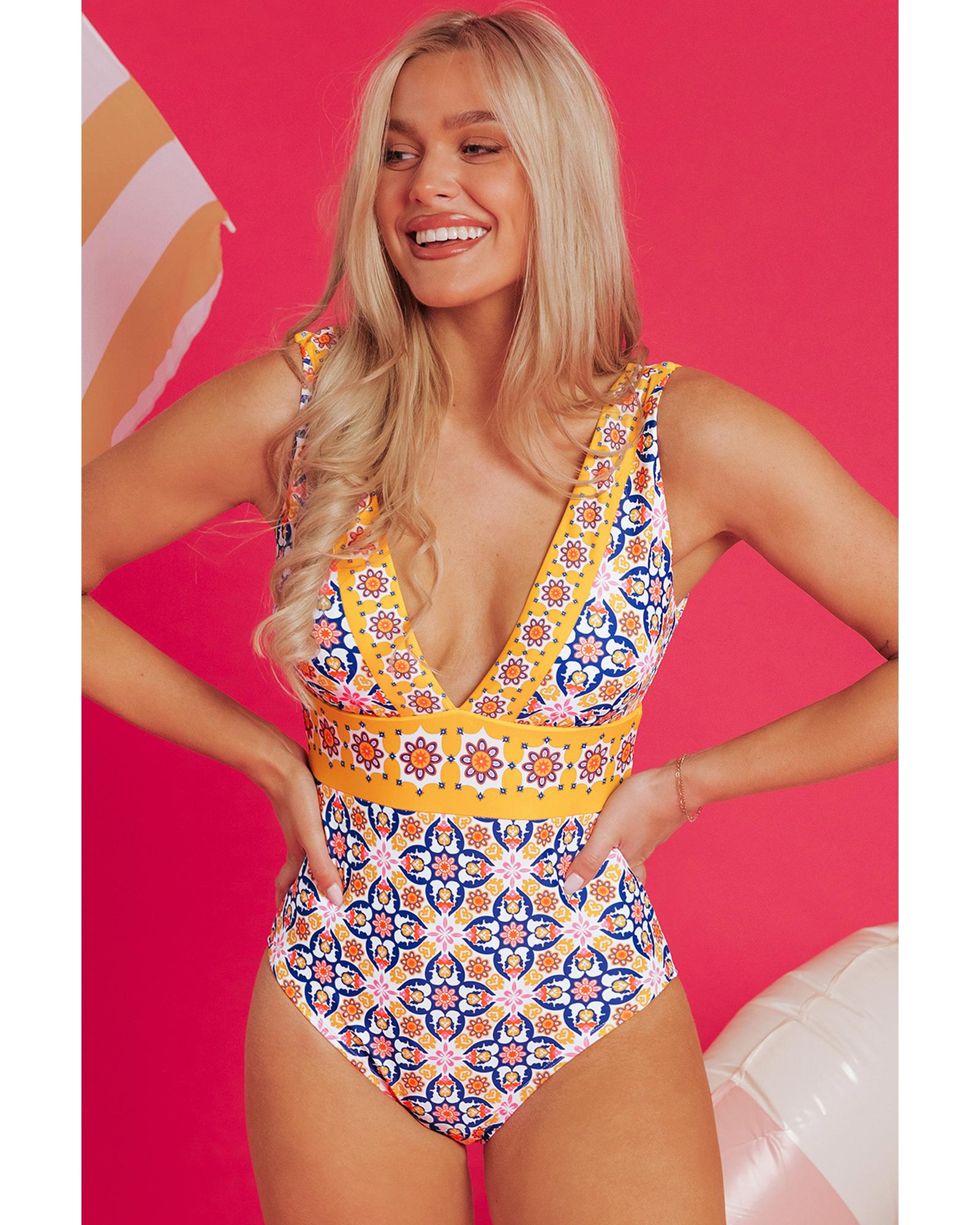 Yellow Floral Print V Neck One Piece Swimsuit - L