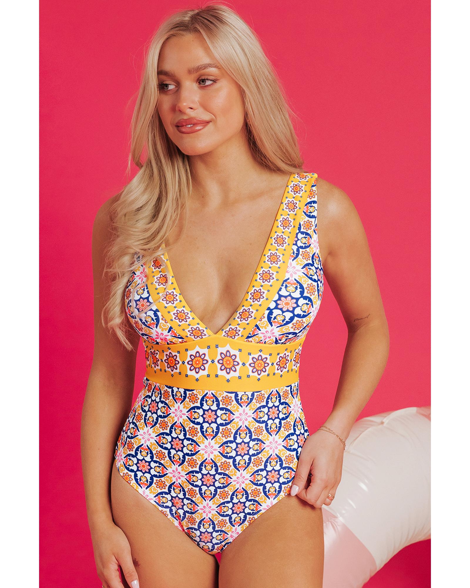 Yellow Floral Print V Neck One Piece Swimsuit - L