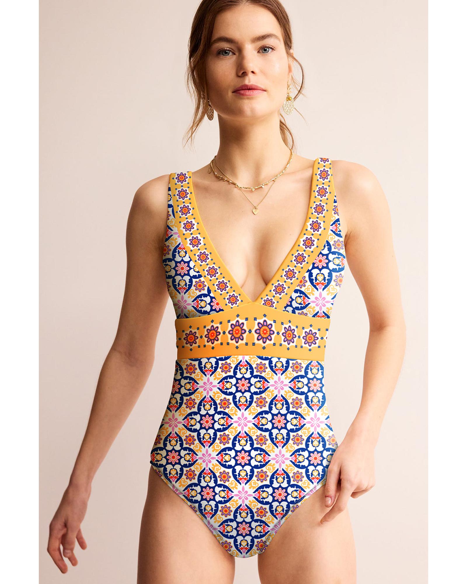 Yellow Floral Print V Neck One Piece Swimsuit - L