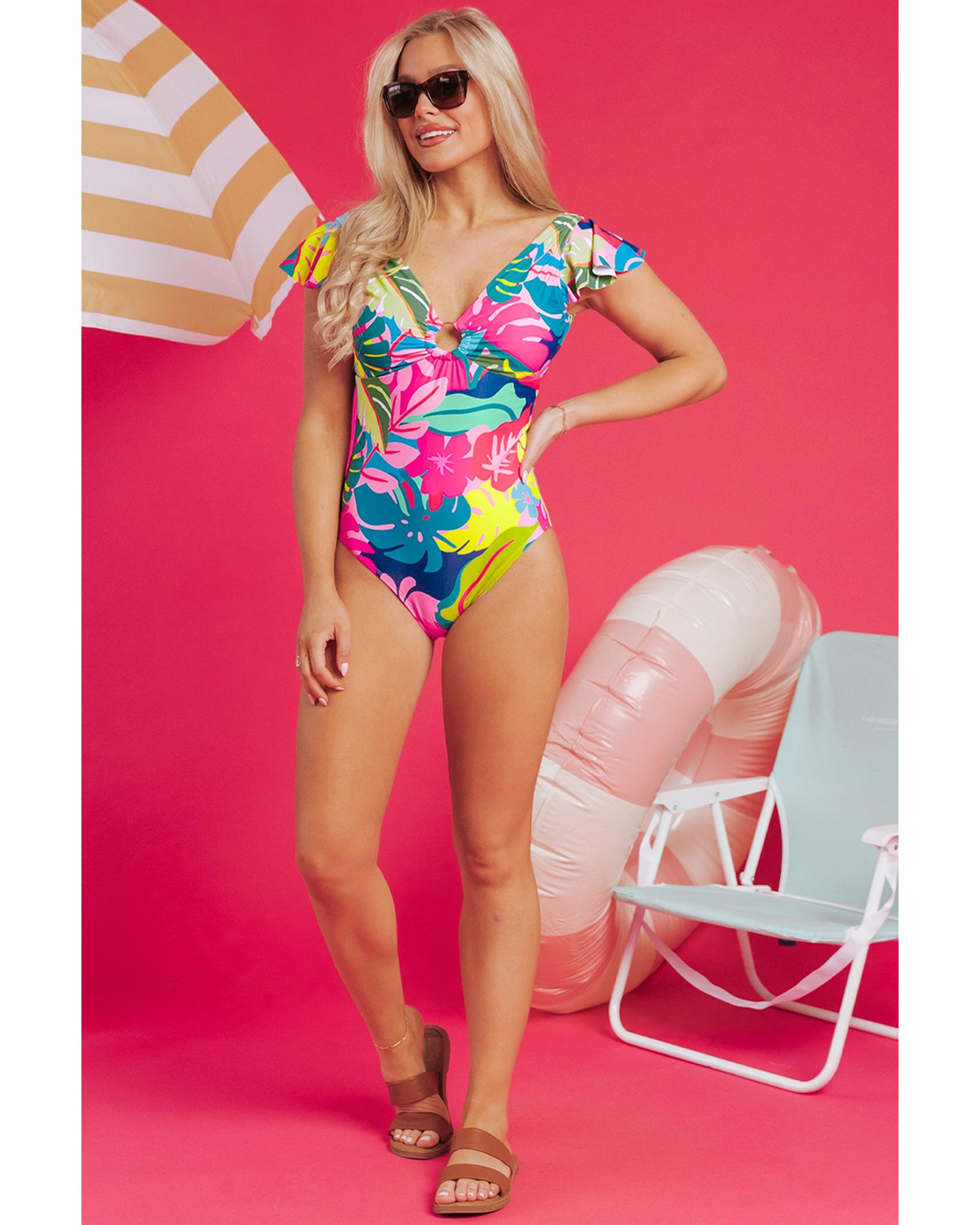 Green Tropical Print V Neck Tied Backless One Piece Swimsuit - M