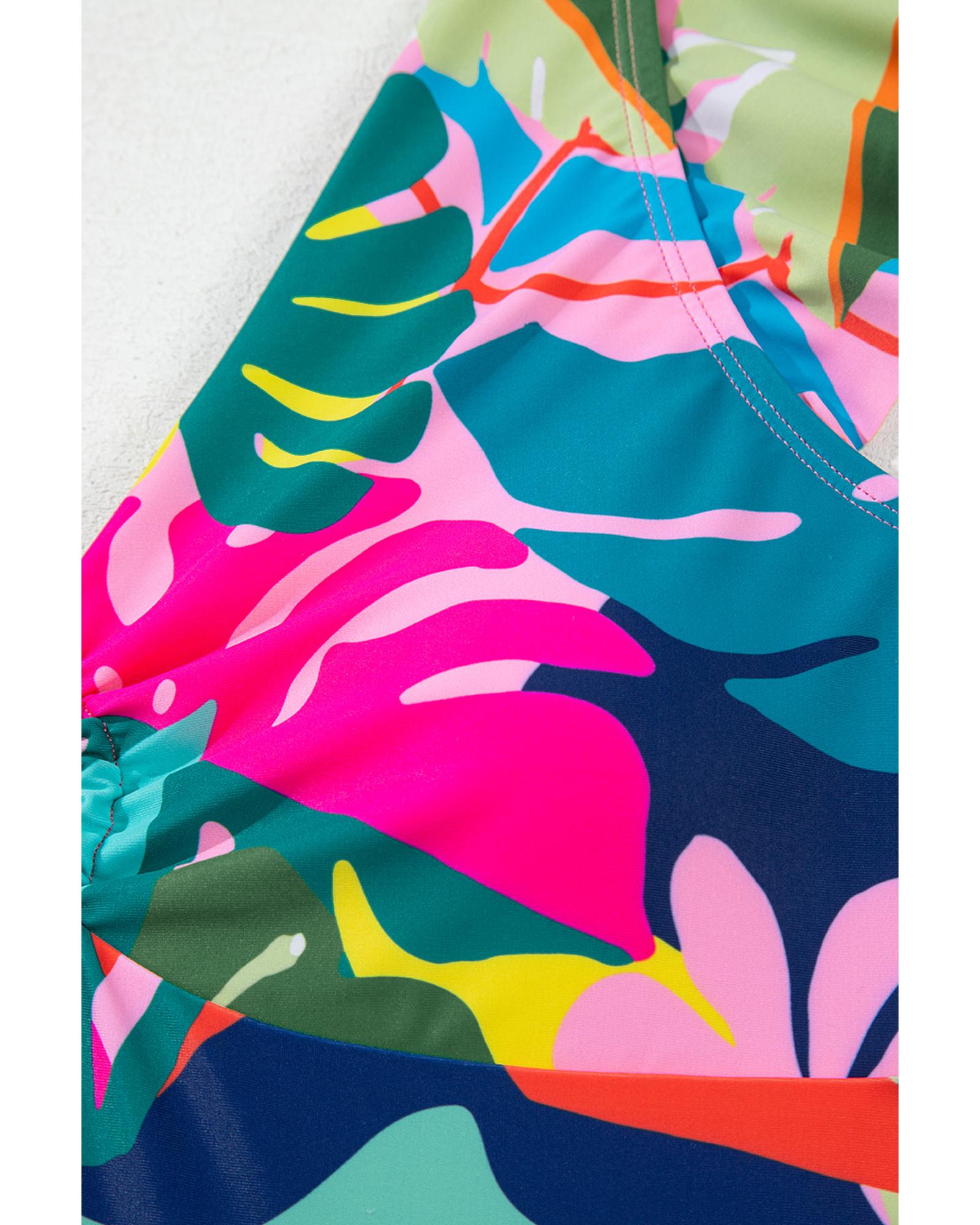 Green Tropical Print V Neck Tied Backless One Piece Swimsuit - M