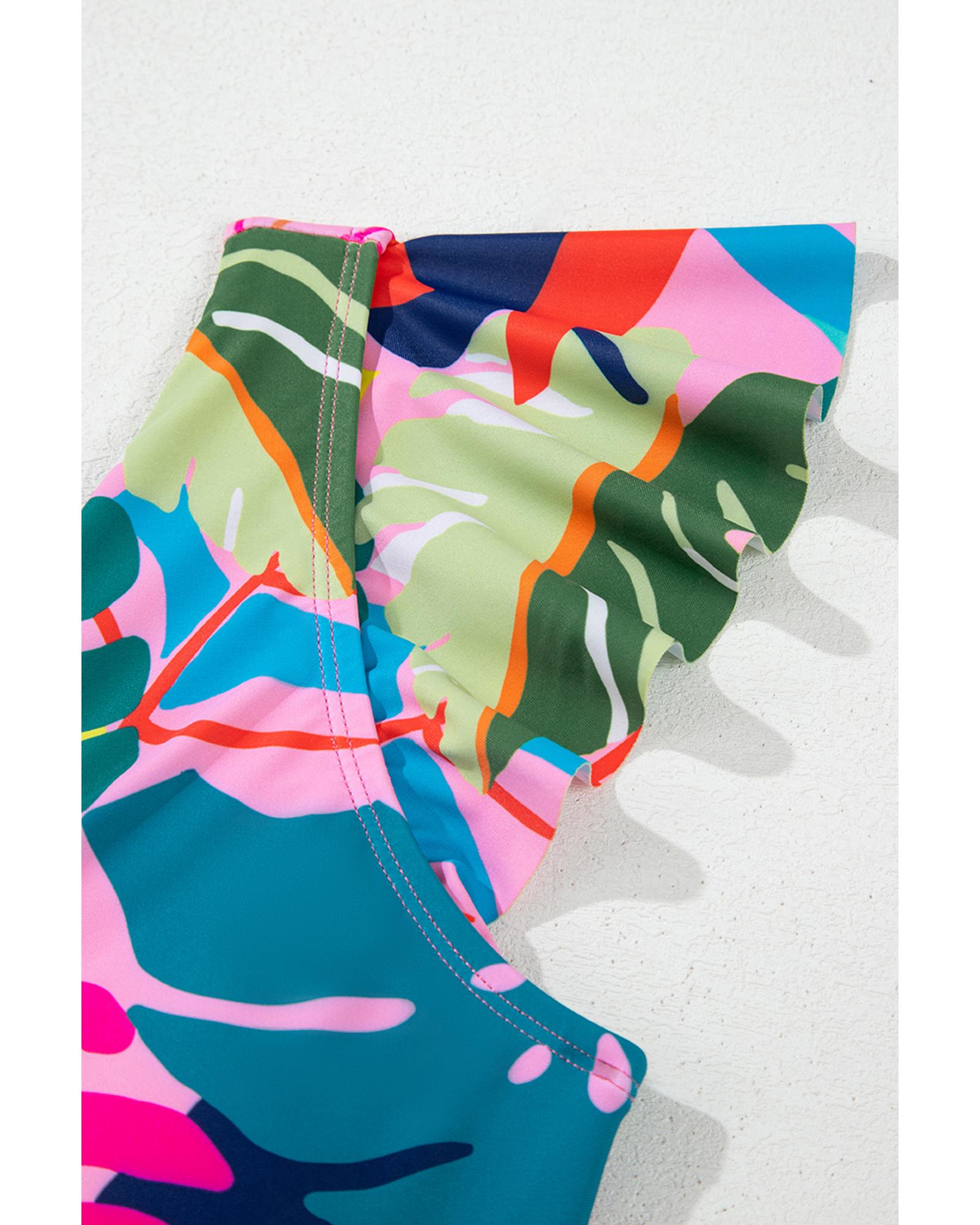 Green Tropical Print V Neck Tied Backless One Piece Swimsuit - M