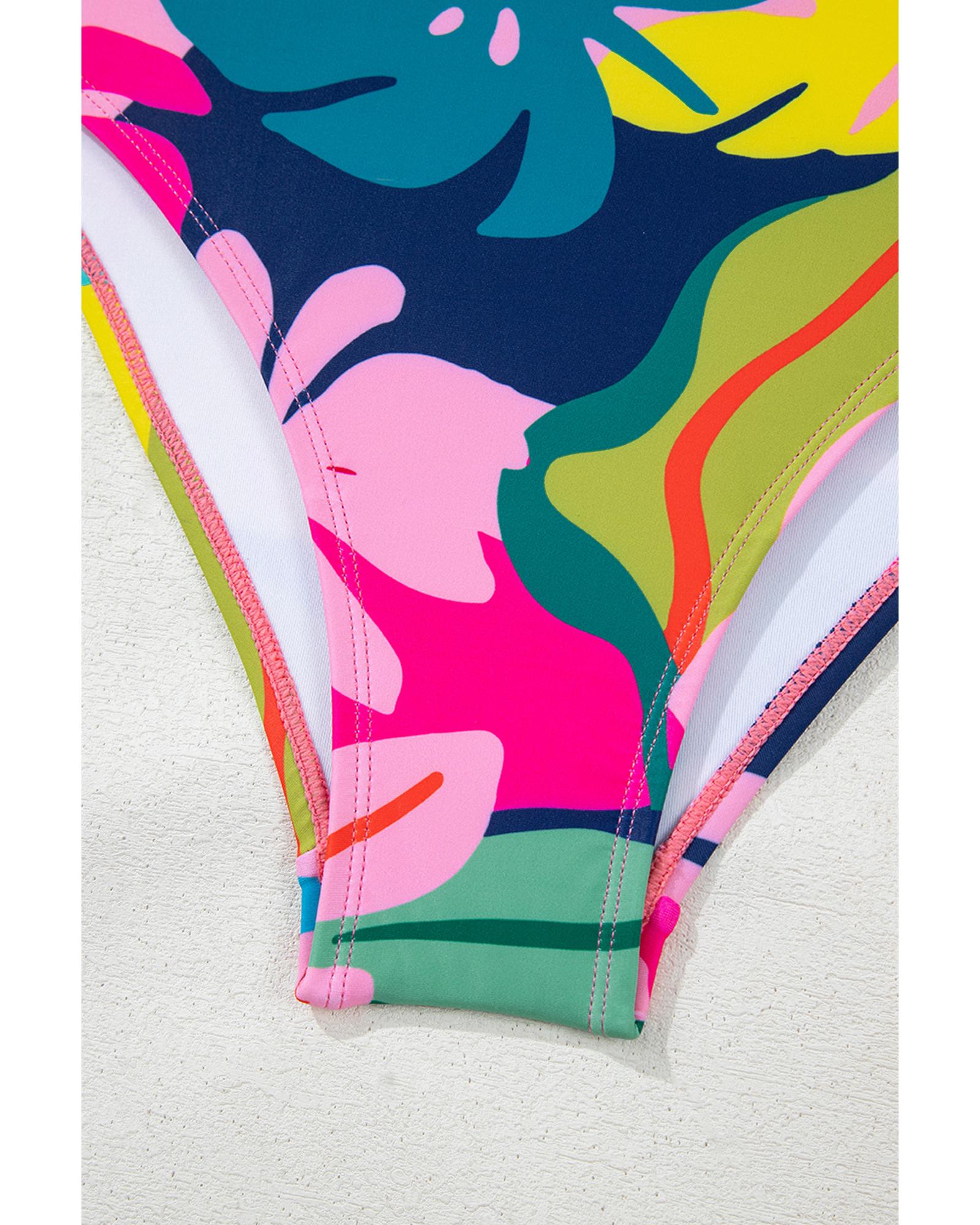 Green Tropical Print V Neck Tied Backless One Piece Swimsuit - M