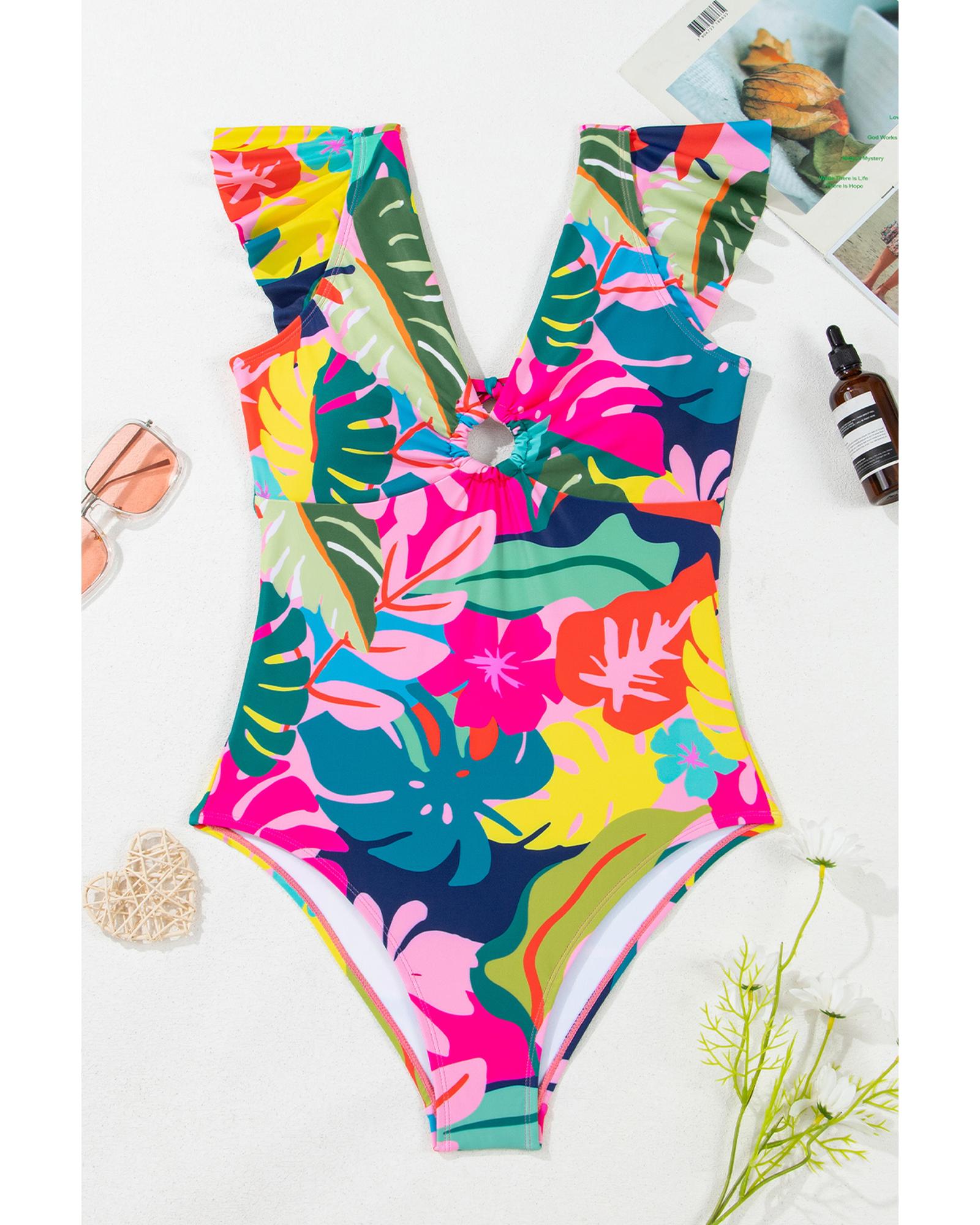 Green Tropical Print V Neck Tied Backless One Piece Swimsuit - M