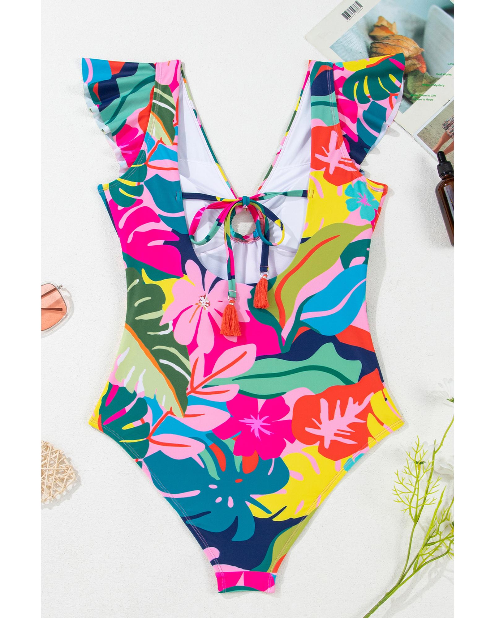 Green Tropical Print V Neck Tied Backless One Piece Swimsuit - M