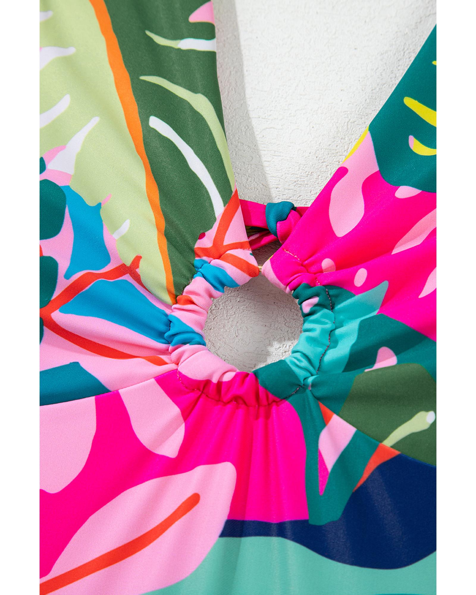 Green Tropical Print V Neck Tied Backless One Piece Swimsuit - S