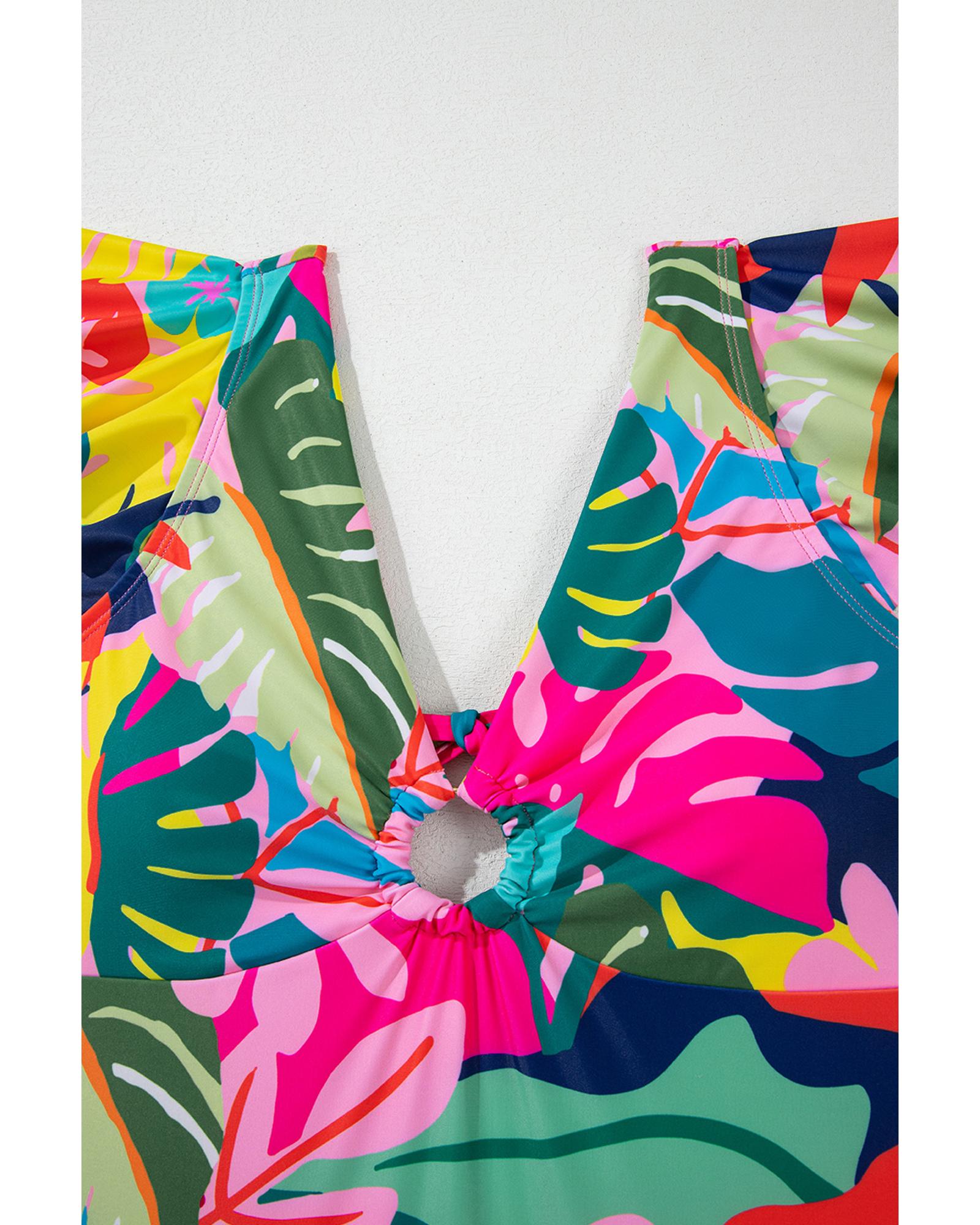 Green Tropical Print V Neck Tied Backless One Piece Swimsuit - S