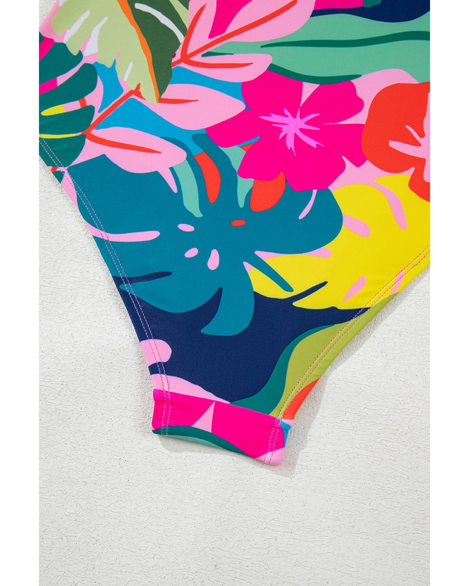 Green Tropical Print V Neck Tied Backless One Piece Swimsuit - S