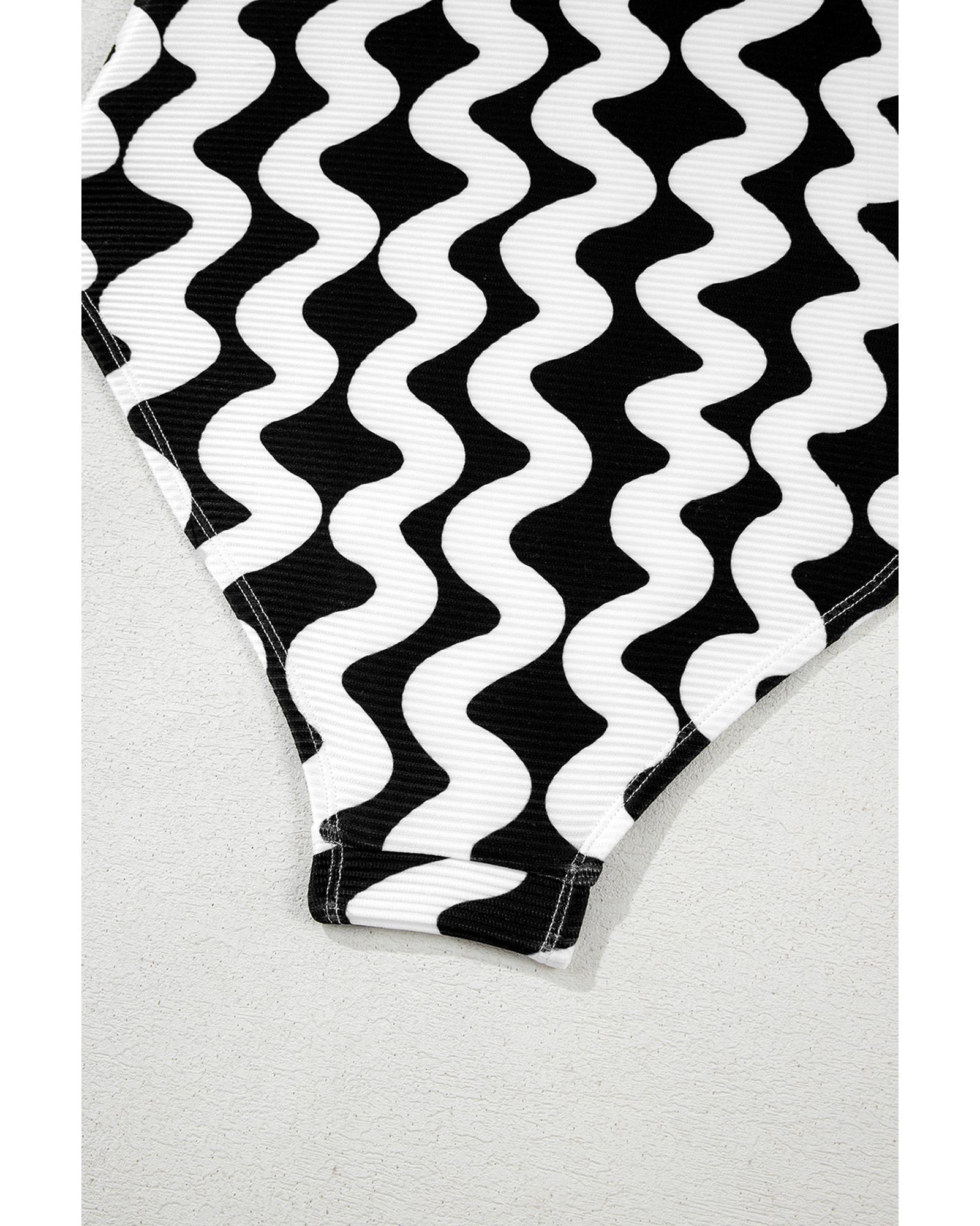 Black Stripe Bowknot Ricrac Print V Neck Low Back Cut One Piece Swimsuit - L