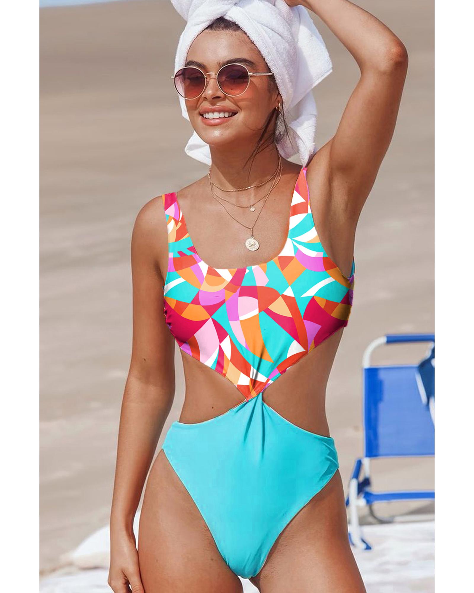 Purple Abstract Geometry Print Daring Cutout Reversible One Piece Swimsuit - M