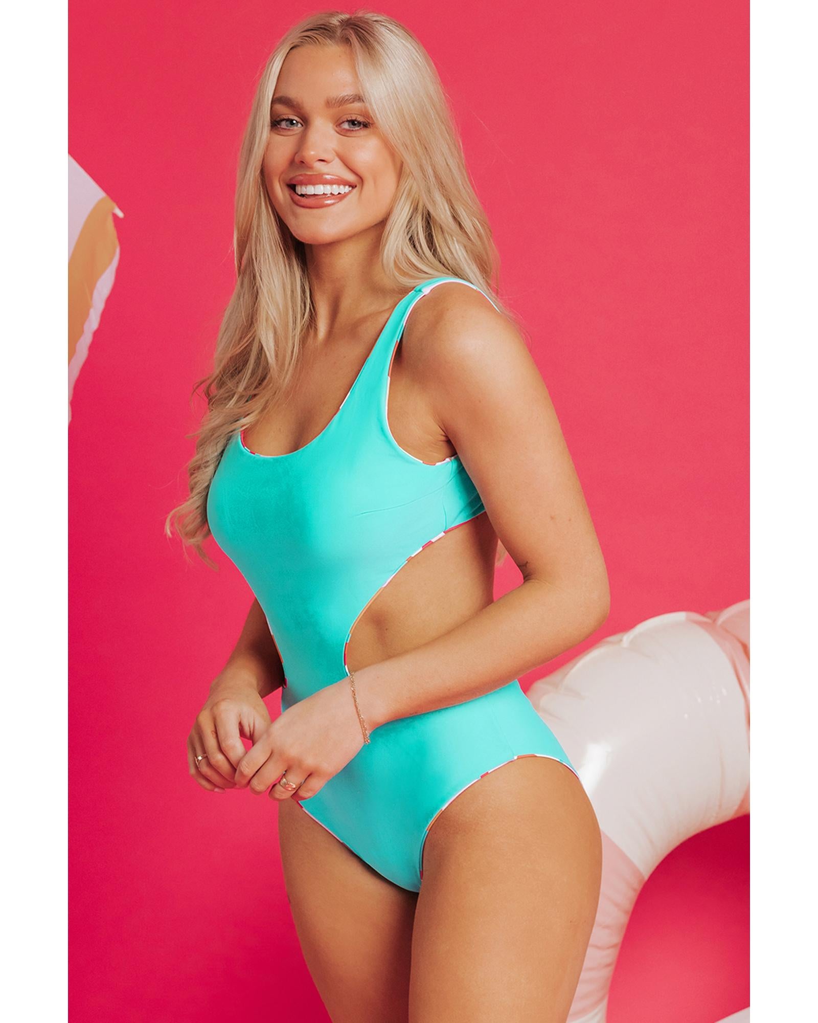 Purple Abstract Geometry Print Daring Cutout Reversible One Piece Swimsuit - M