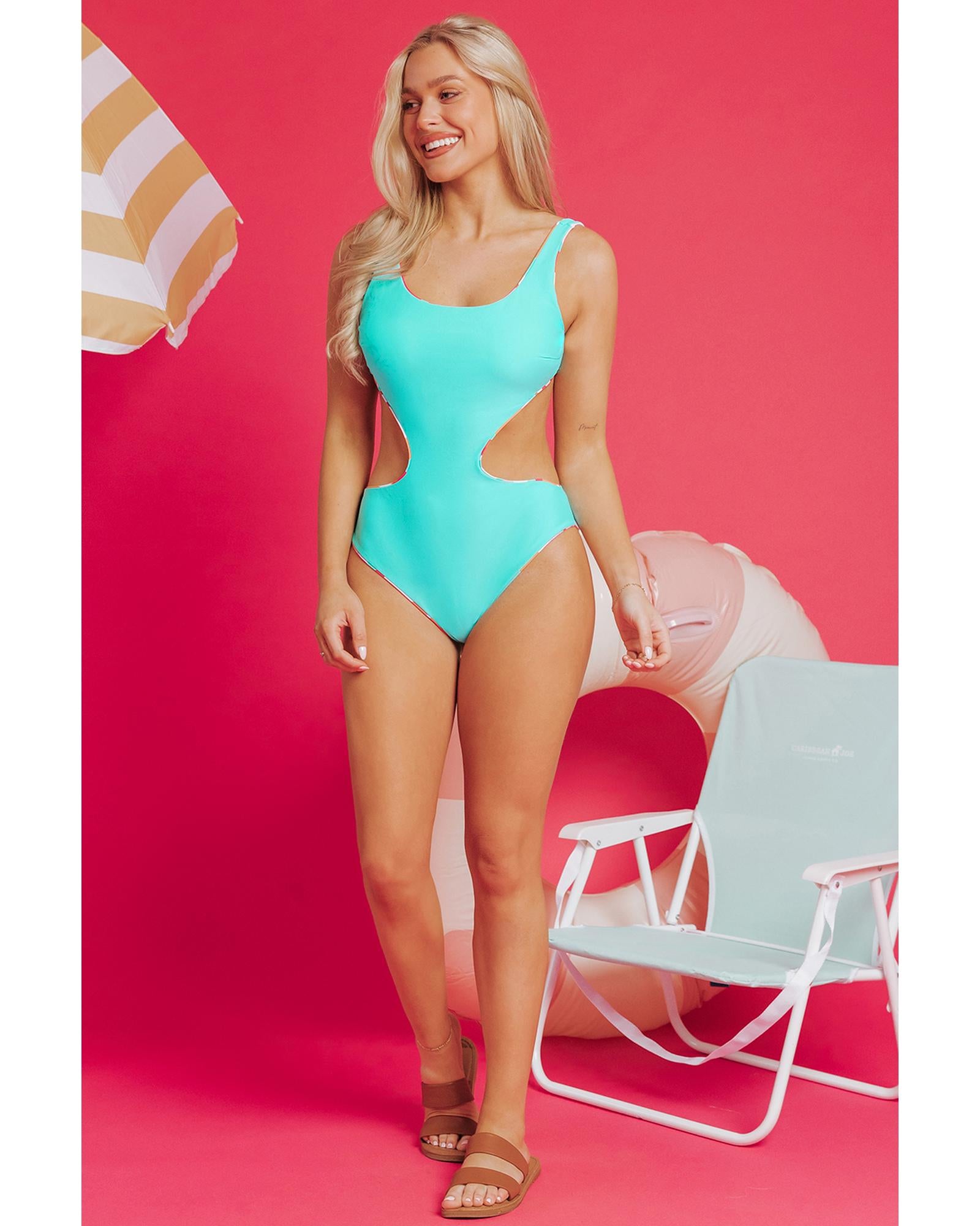 Purple Abstract Geometry Print Daring Cutout Reversible One Piece Swimsuit - S