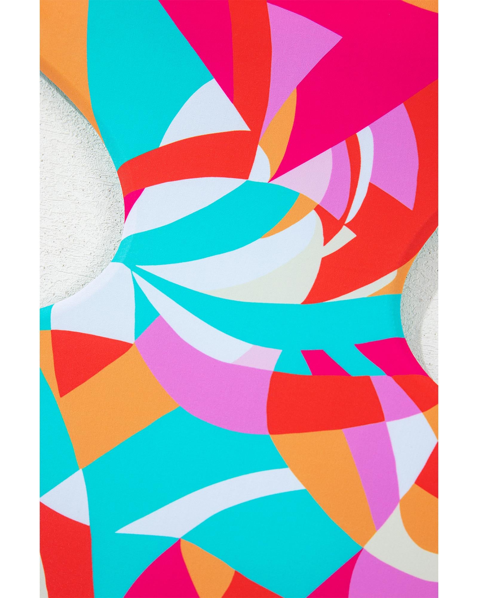 Purple Abstract Geometry Print Daring Cutout Reversible One Piece Swimsuit - S