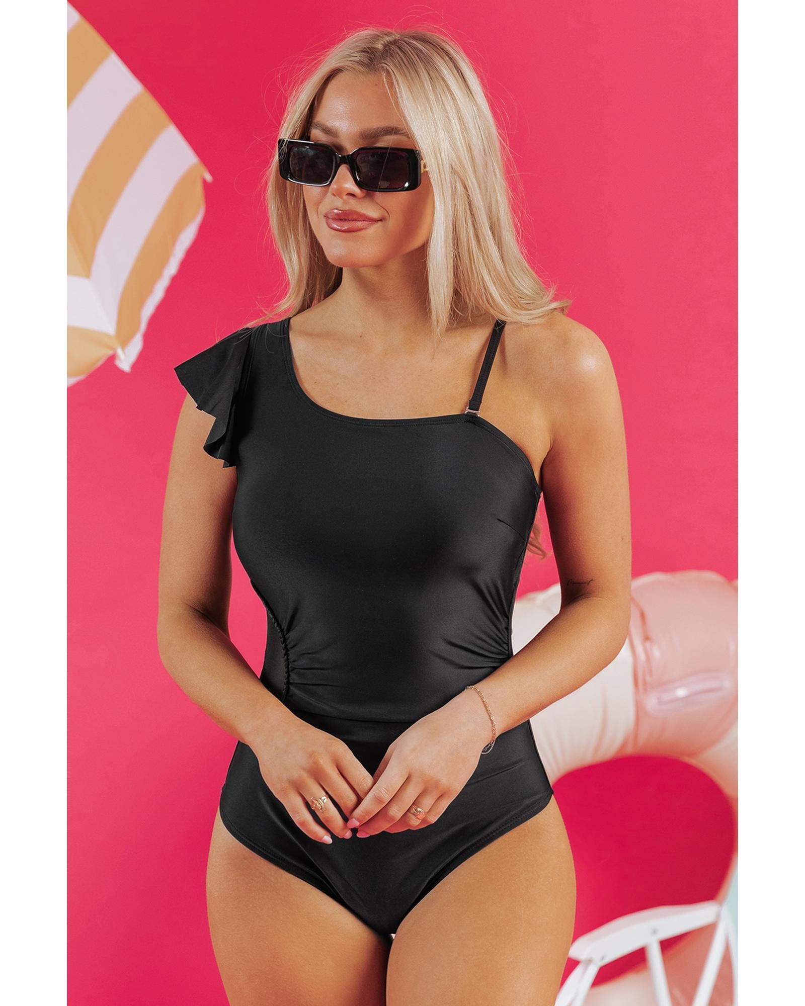 Black Asymmetric Ruffle Shoulder Pleated One Piece Swimsuit - L