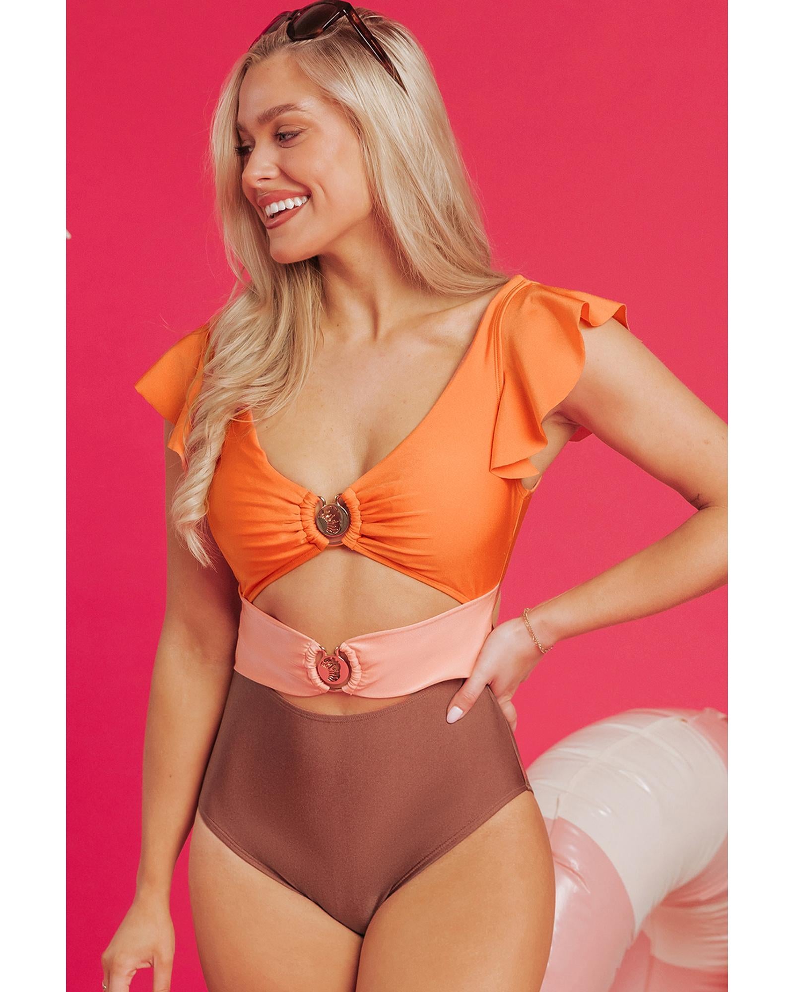 Orange Ruffle Sleeve Tricolor Cutout Front Ring One Piece Swimsuit - M