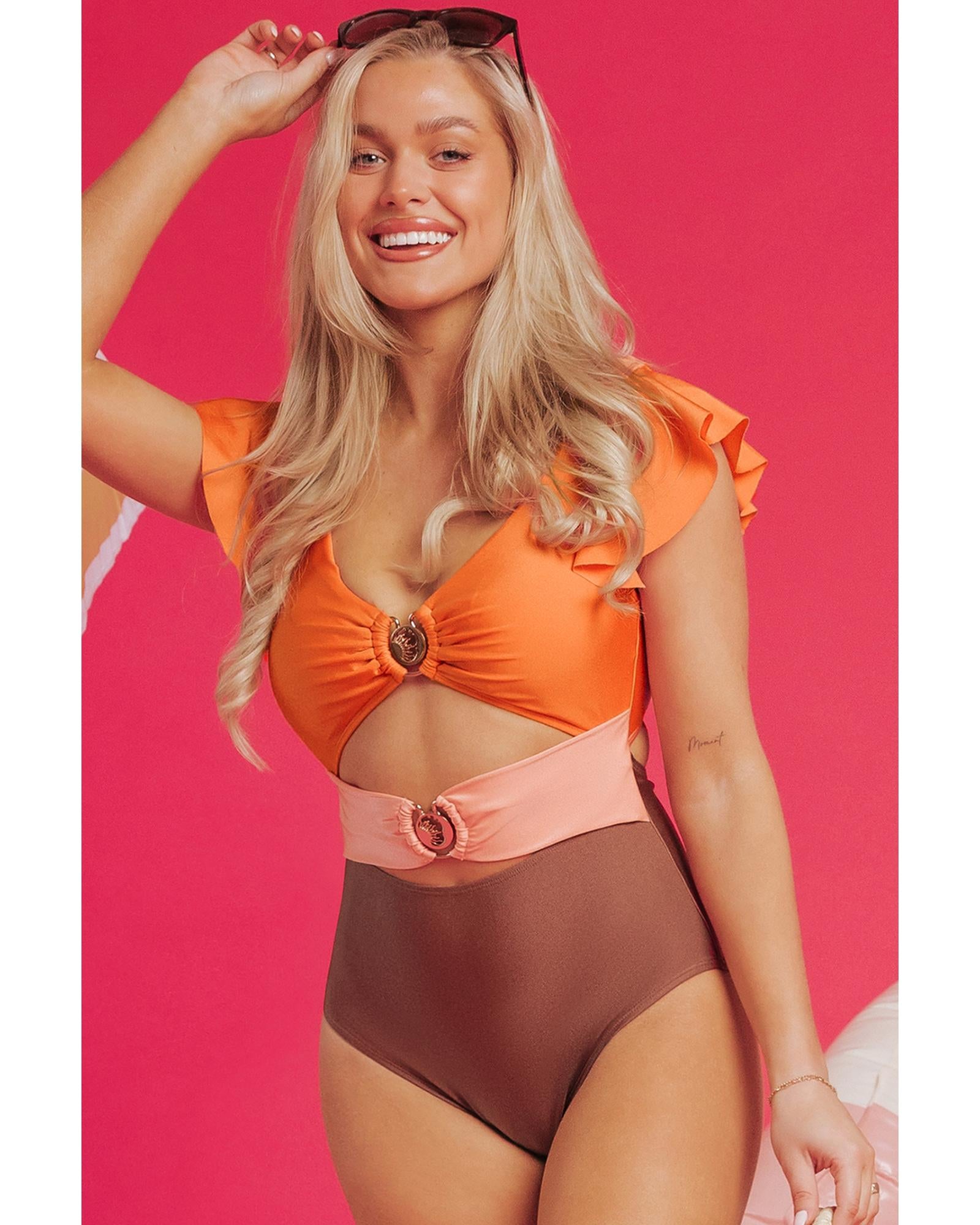 Orange Ruffle Sleeve Tricolor Cutout Front Ring One Piece Swimsuit - S