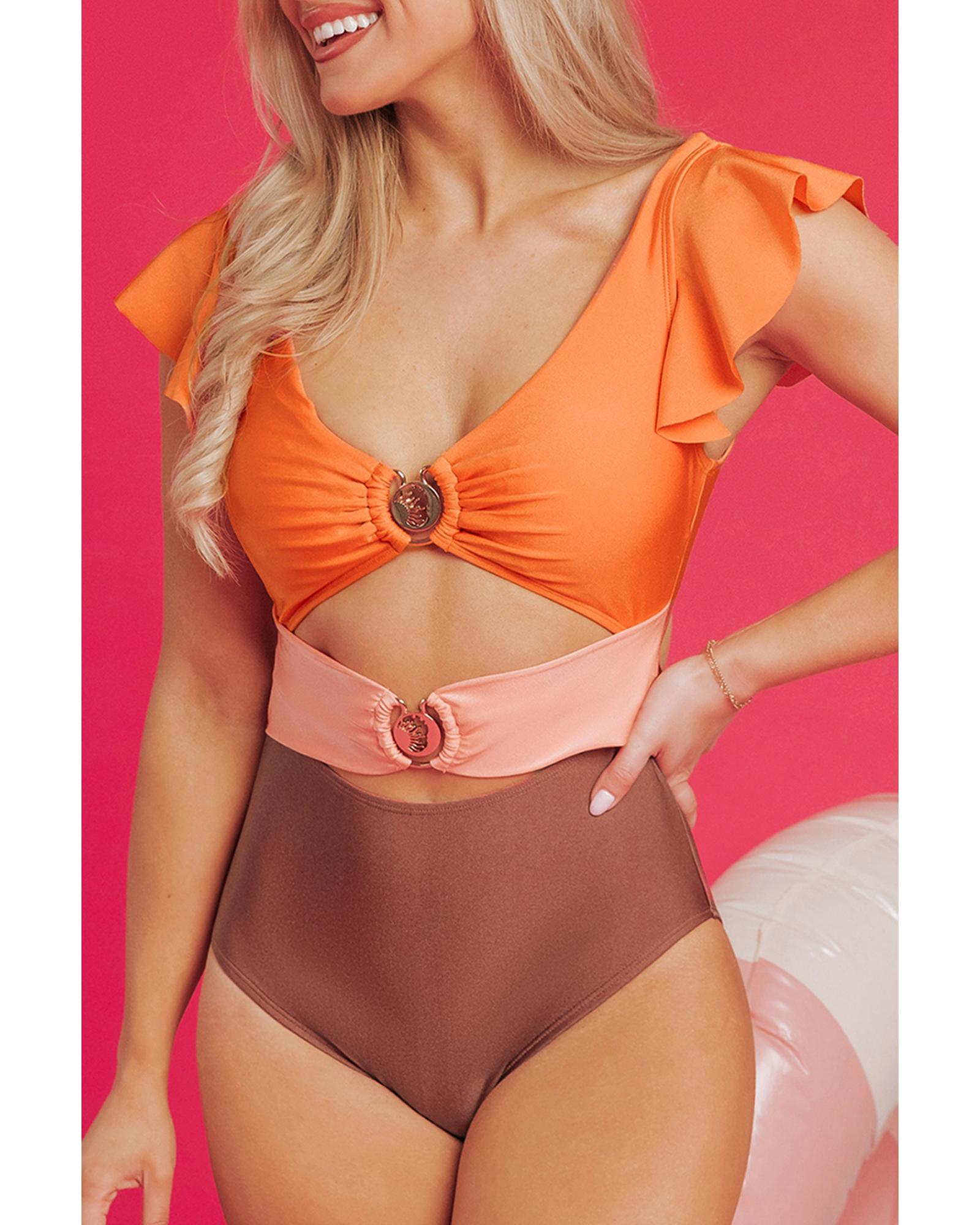 Orange Ruffle Sleeve Tricolor Cutout Front Ring One Piece Swimsuit - S