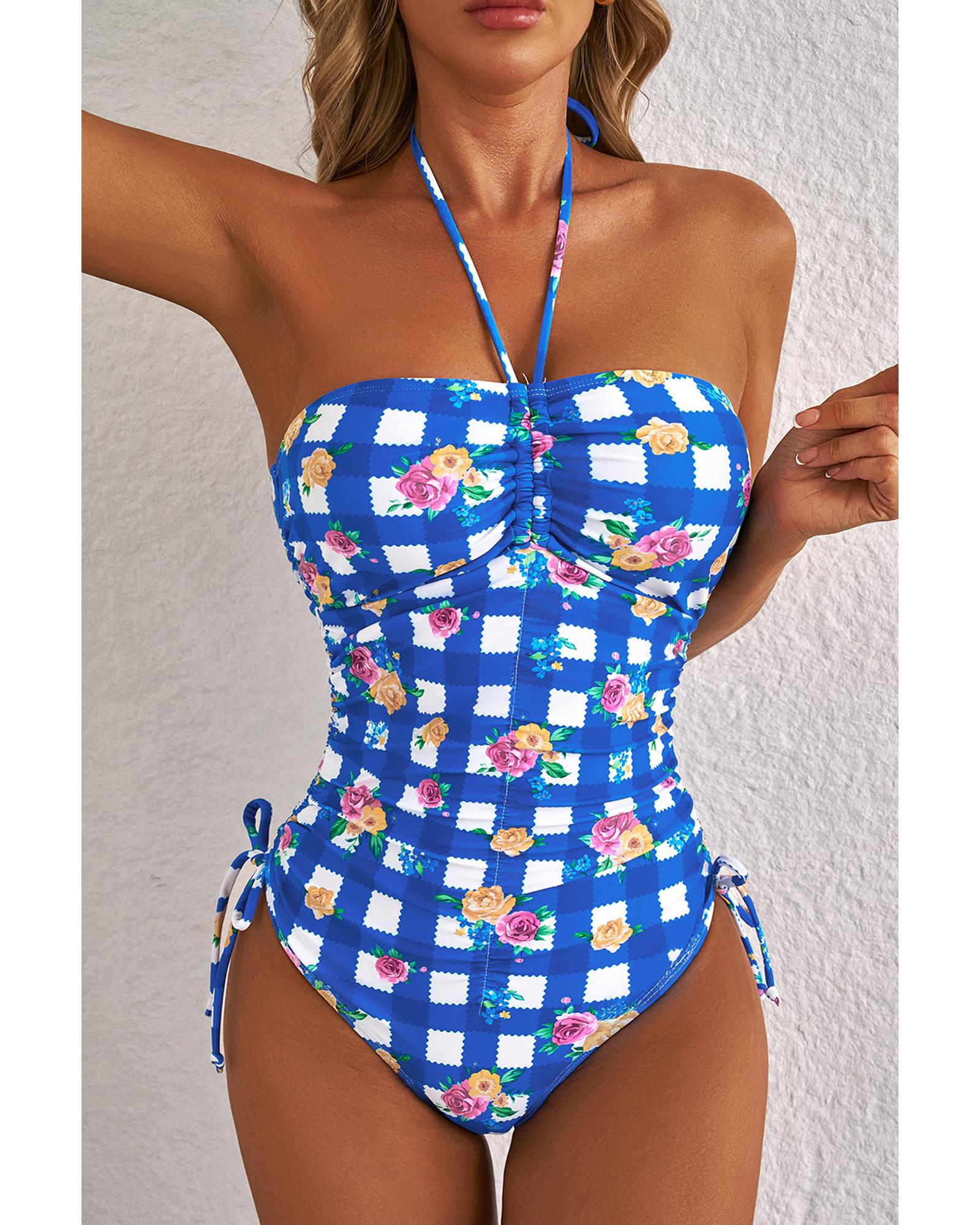 Blue Folk Gingham Halter Ruched Bodice Drawstring Ties One Piece Swimwear - M