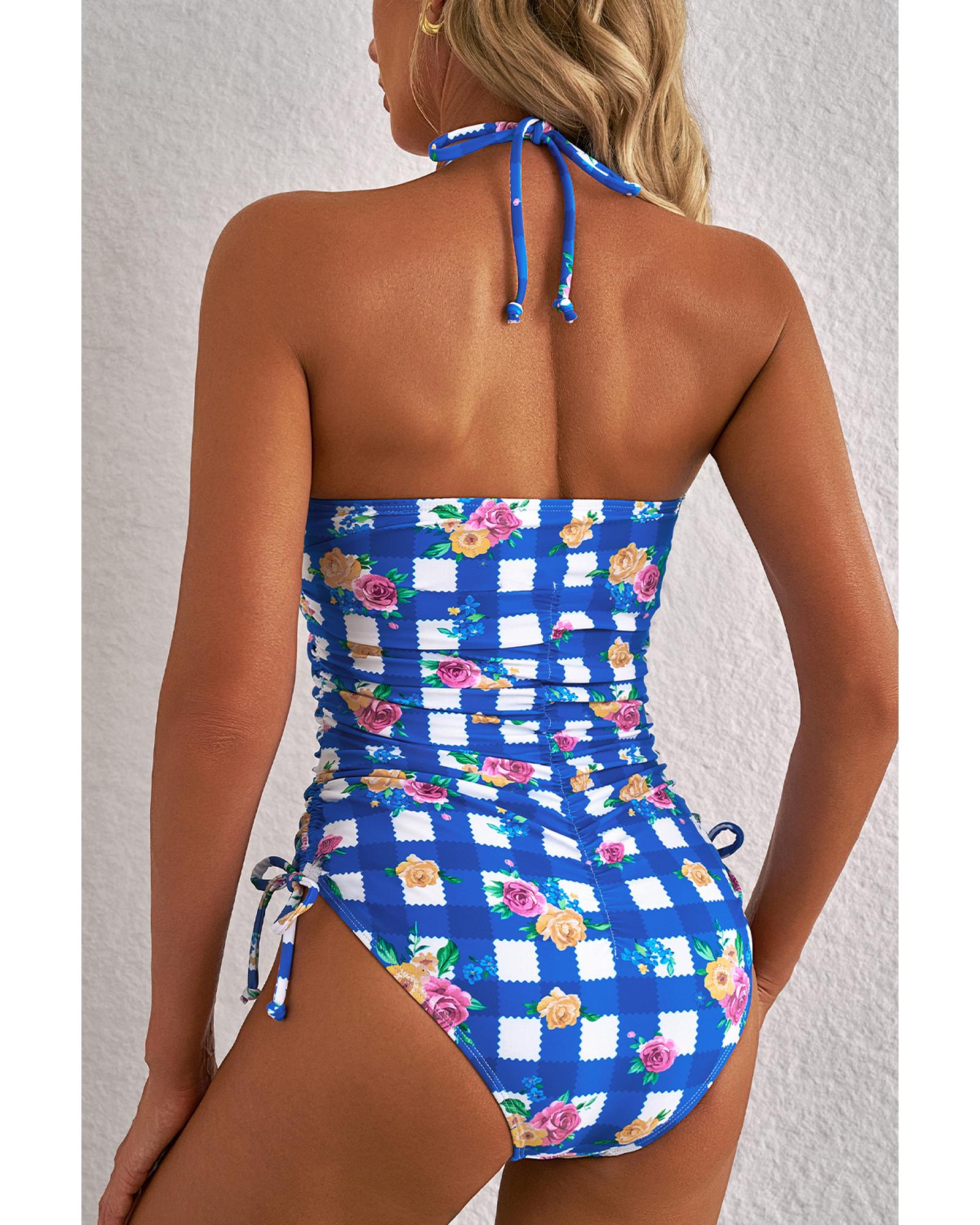 Blue Folk Gingham Halter Ruched Bodice Drawstring Ties One Piece Swimwear - XL