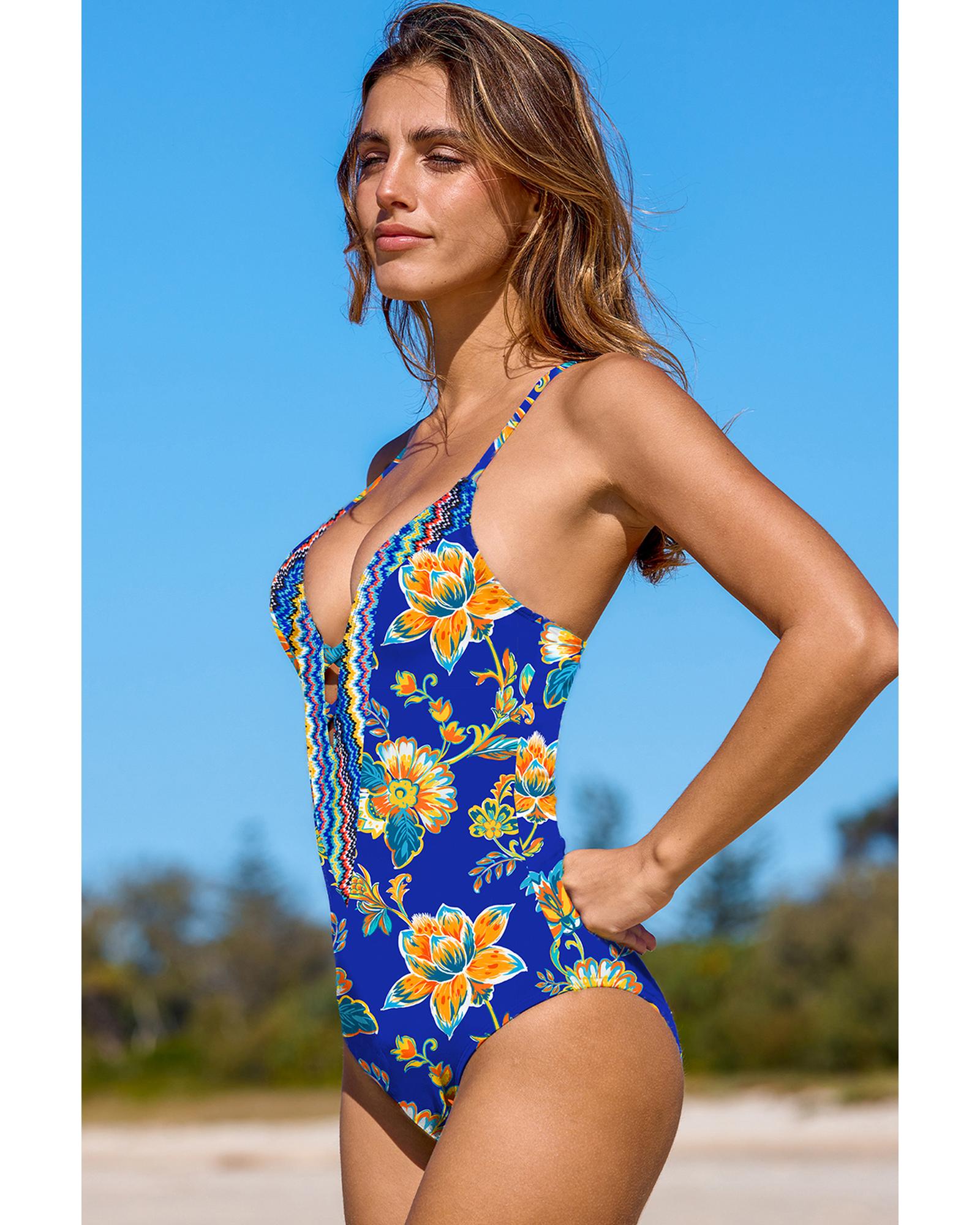 Blue Floral Plunging Slim & Sculpt One-Piece Crisscross Backless One Piece Swimsuit - S