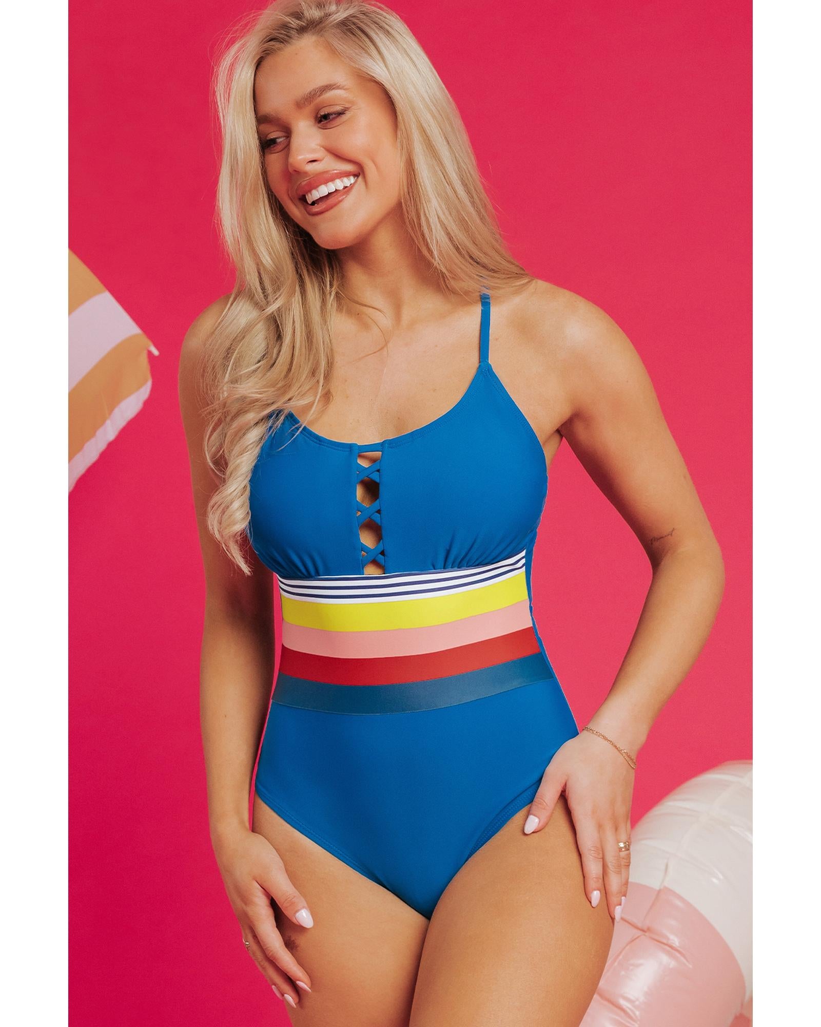 Prussian Blue Contrast Stripe Accent Crisscross One Piece Swimwear - S