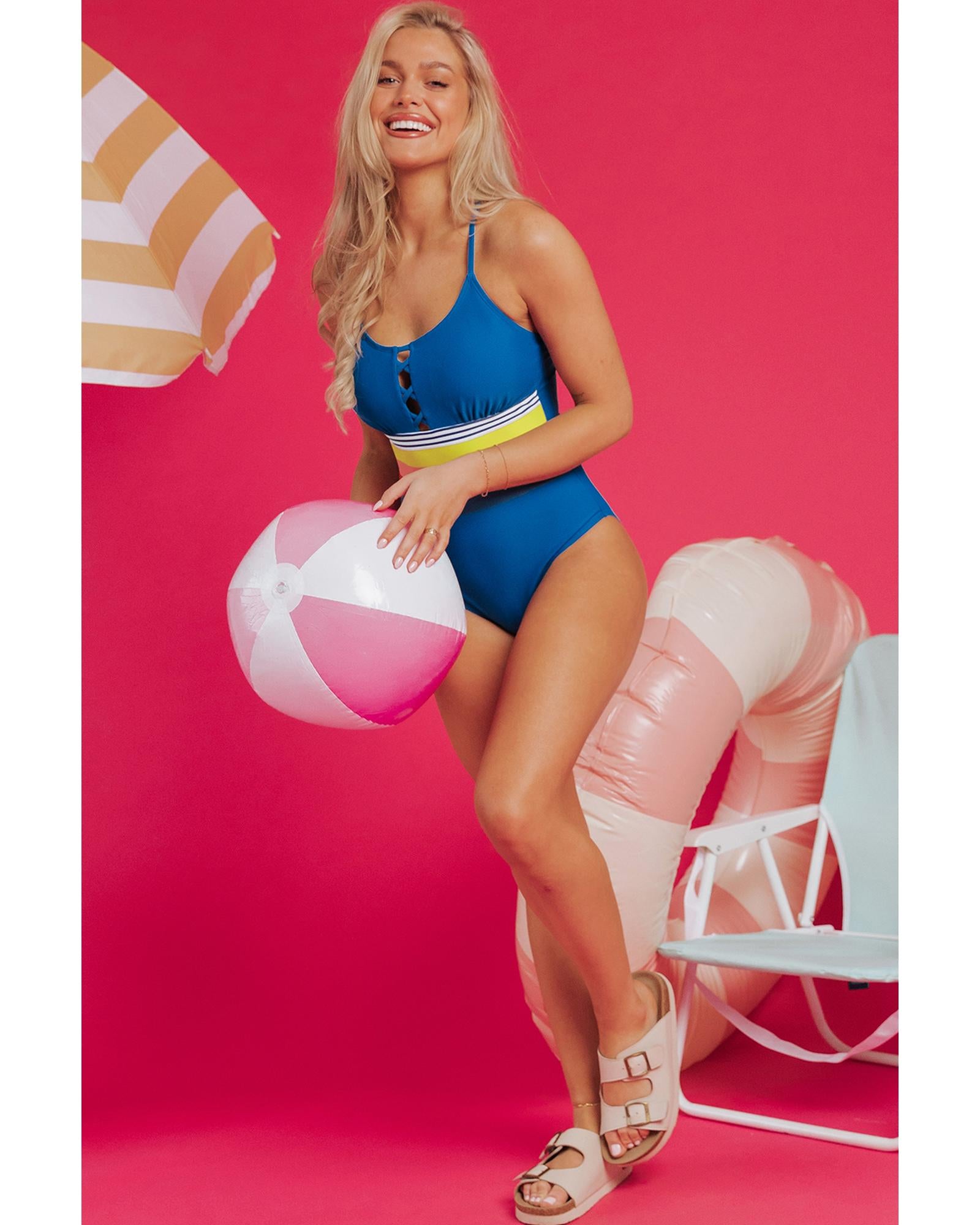 Prussian Blue Contrast Stripe Accent Crisscross One Piece Swimwear - S