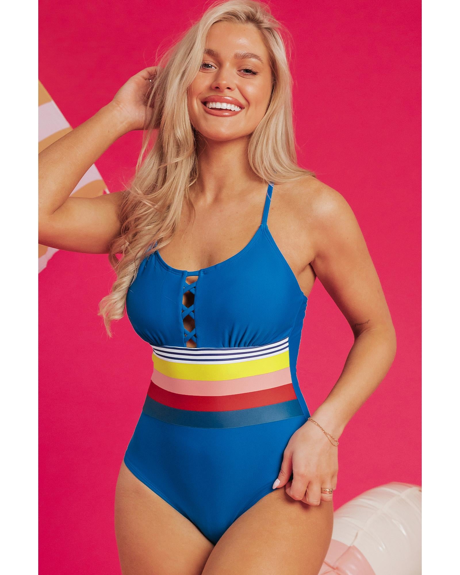 Prussian Blue Contrast Stripe Accent Crisscross One Piece Swimwear - XL