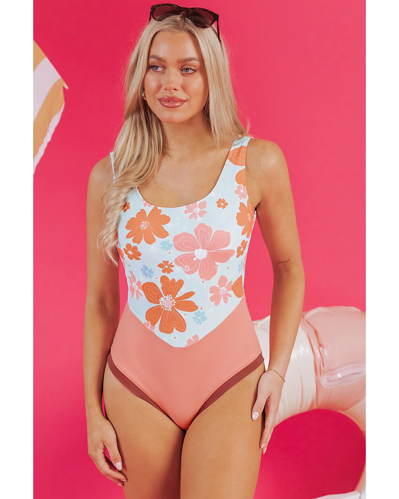 Orange Floral Patchwork Backless One Piece Swimsuit - 2XL