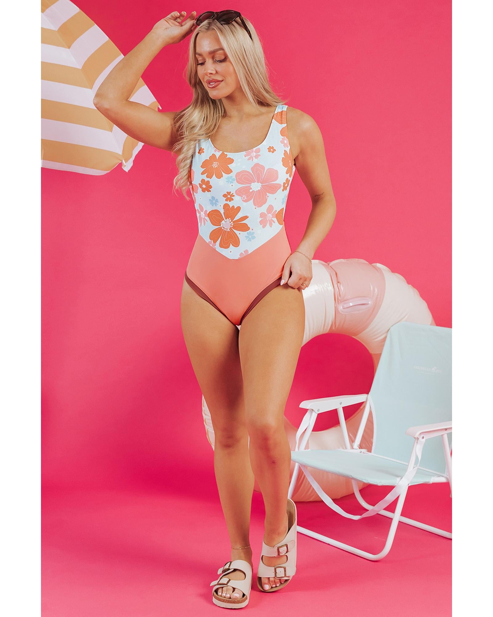 Orange Floral Patchwork Backless One Piece Swimsuit - M