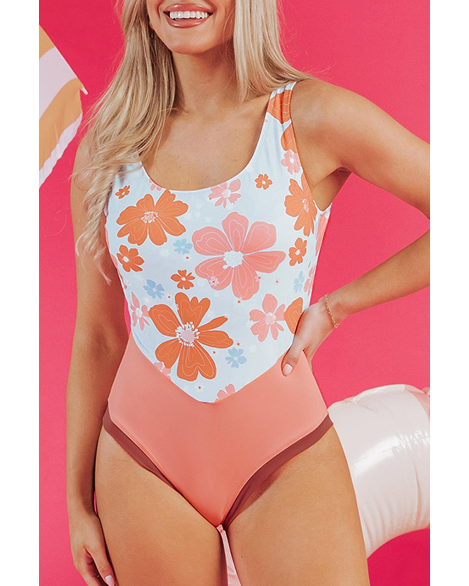 Orange Floral Patchwork Backless One Piece Swimsuit - S