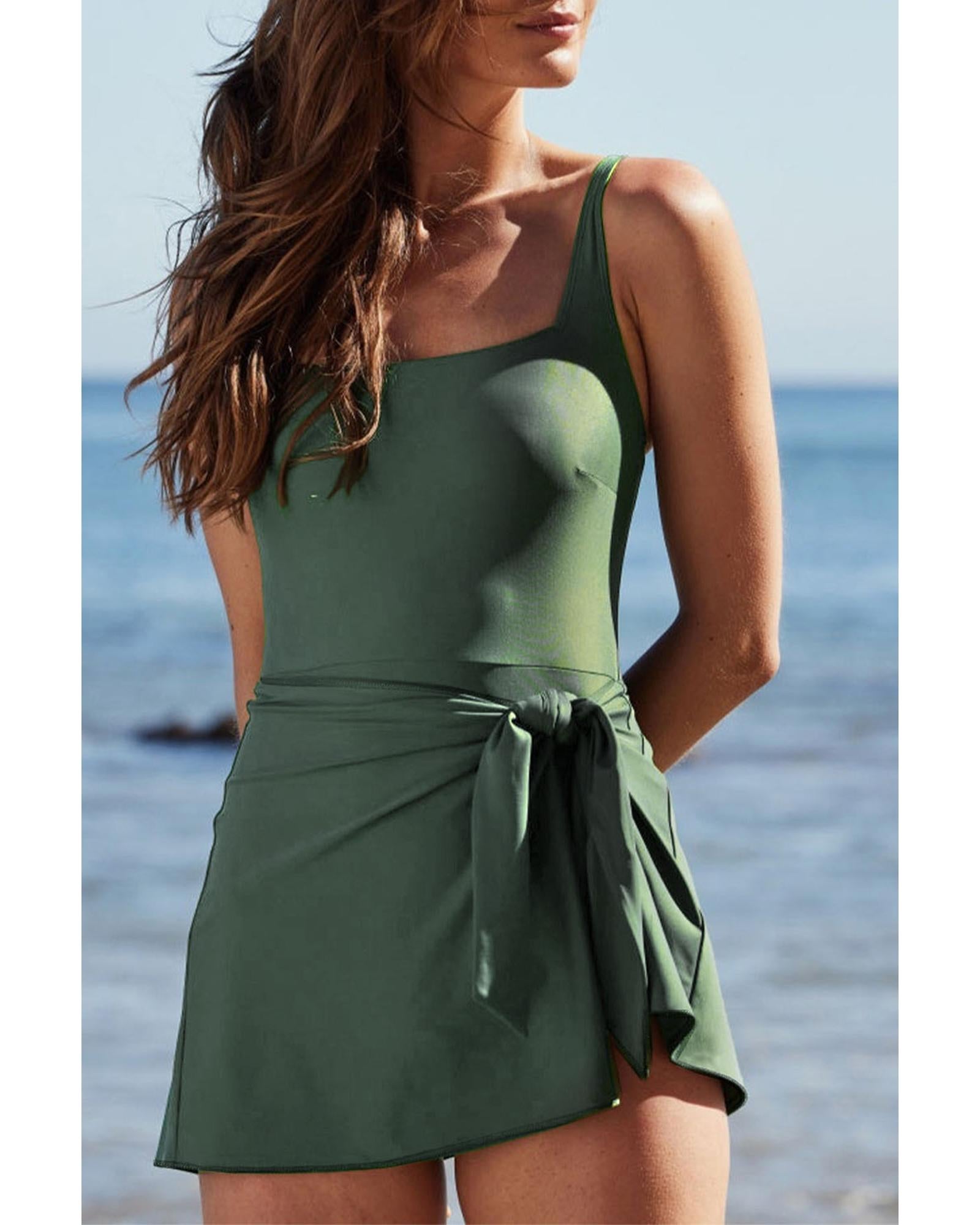Mist Green Side Tied Waist Square Neck Adjustable Straps A-line One Piece Swim Dress - M