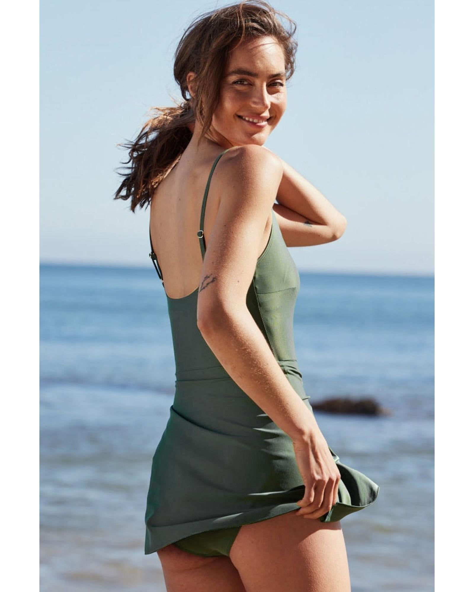 Mist Green Side Tied Waist Square Neck Adjustable Straps A-line One Piece Swim Dress - S