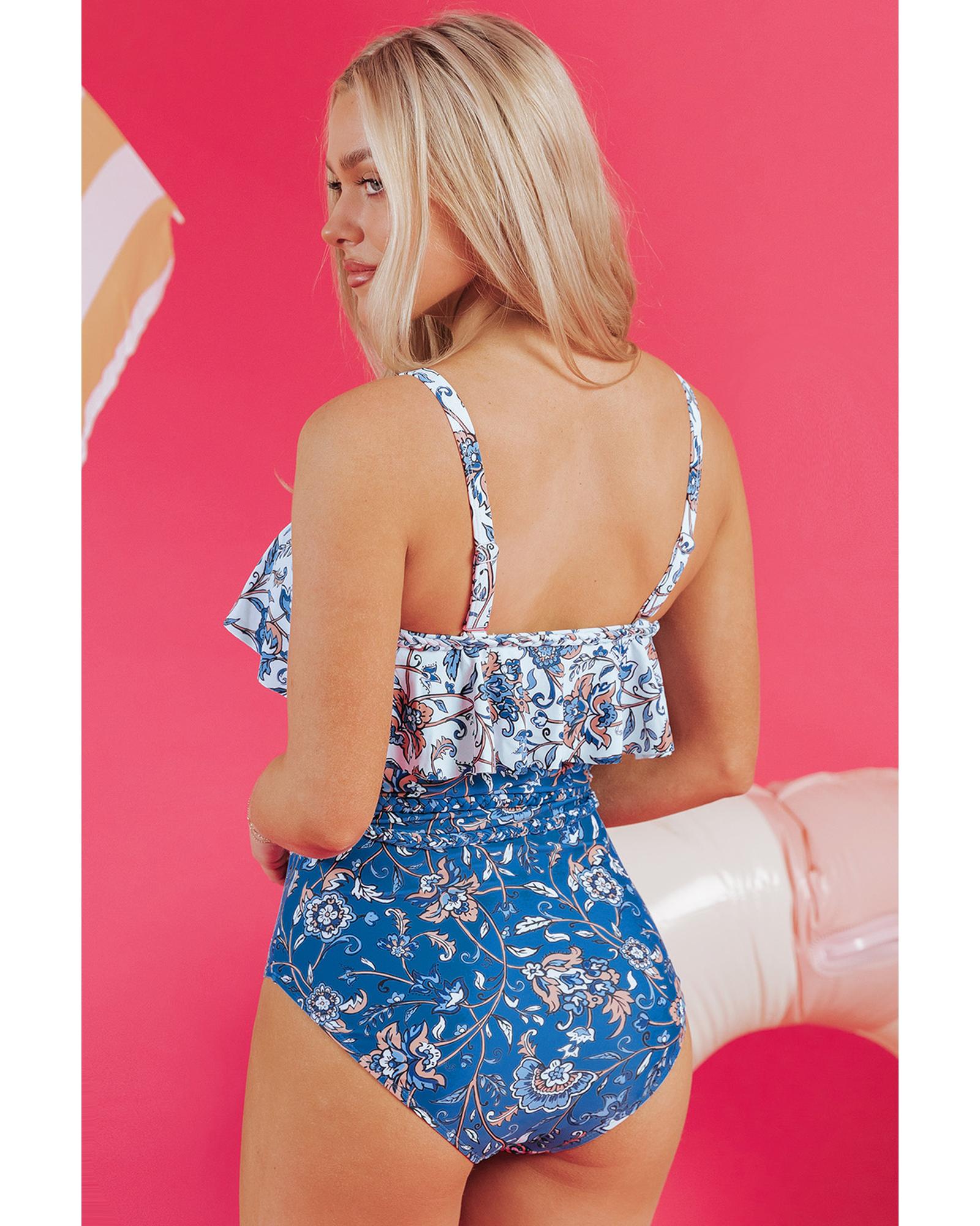 Sky Blue Floral Printed Ruffle Removable Strap One Piece Swimsuit - L