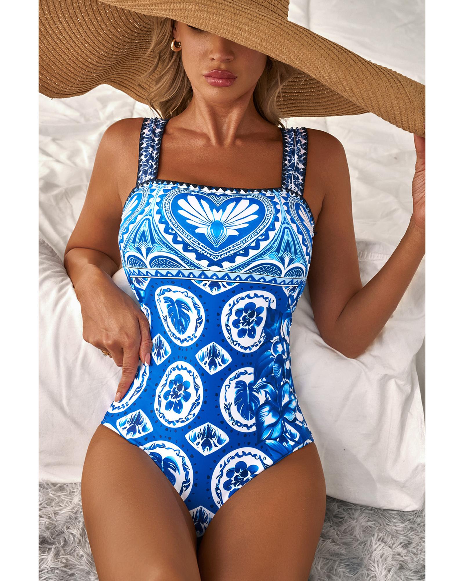 Blue Tile Pattern Ricrac Wide Straps Sheath One Piece Swimsuit - XL