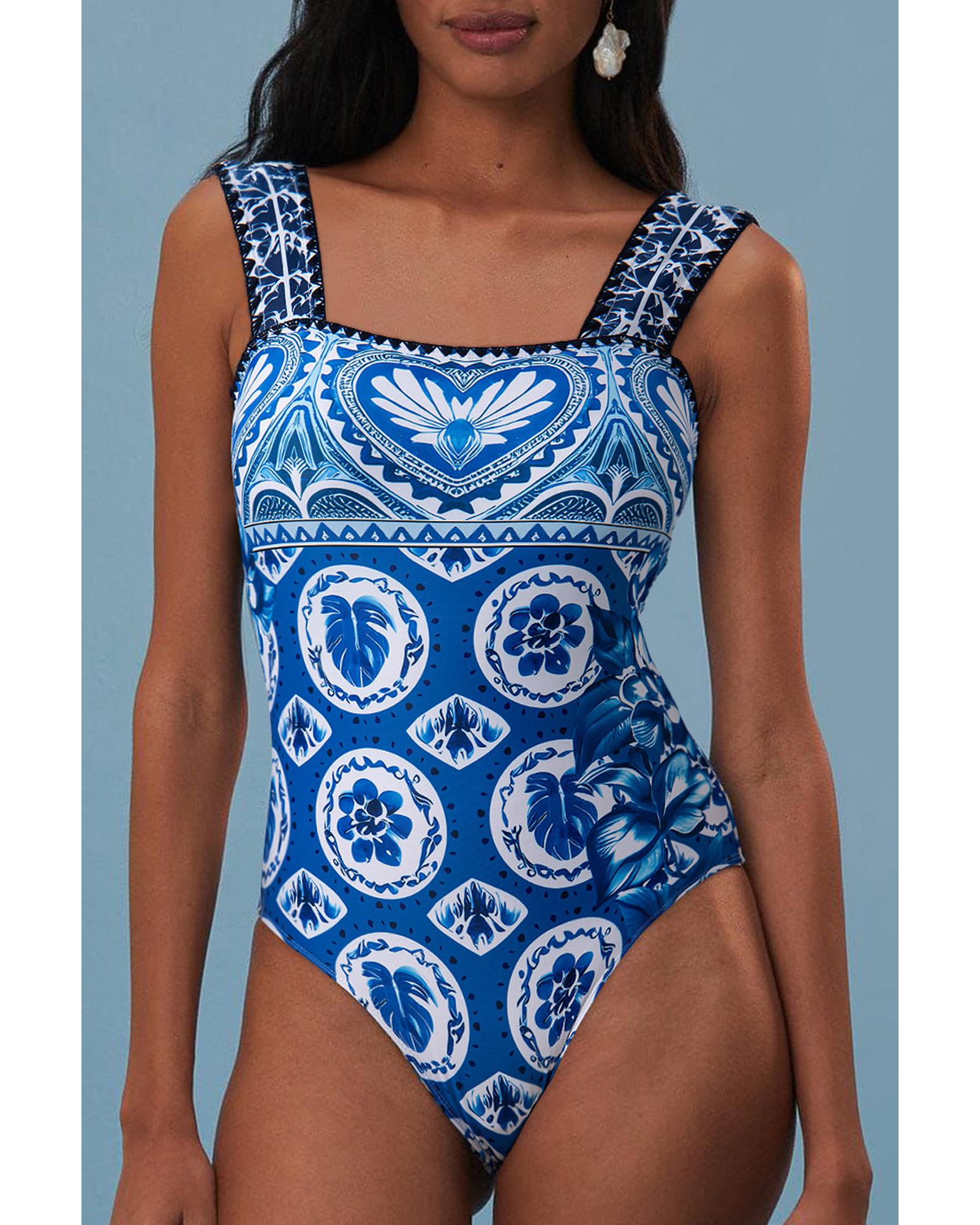 Blue Tile Pattern Ricrac Wide Straps Sheath One Piece Swimsuit - XL