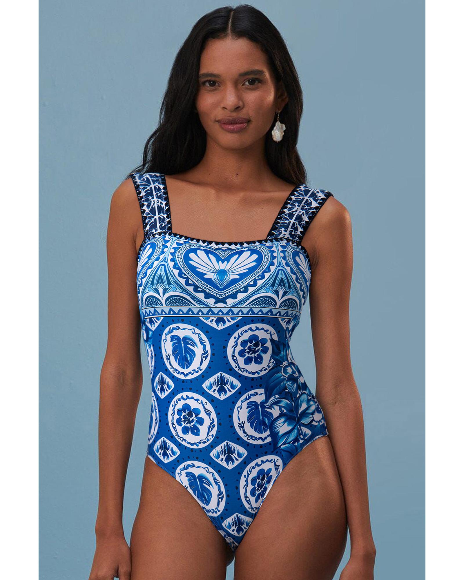 Blue Tile Pattern Ricrac Wide Straps Sheath One Piece Swimsuit - XL