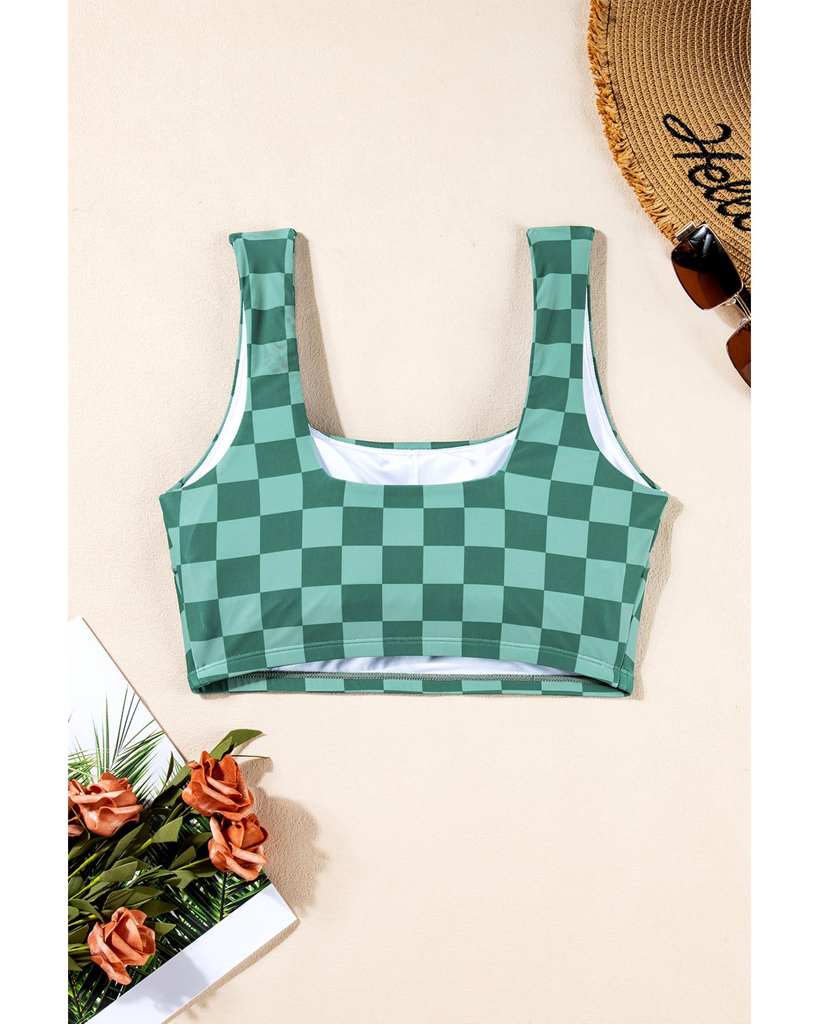 Green Checkered Print Square Neck Cropped Swim Top - XL