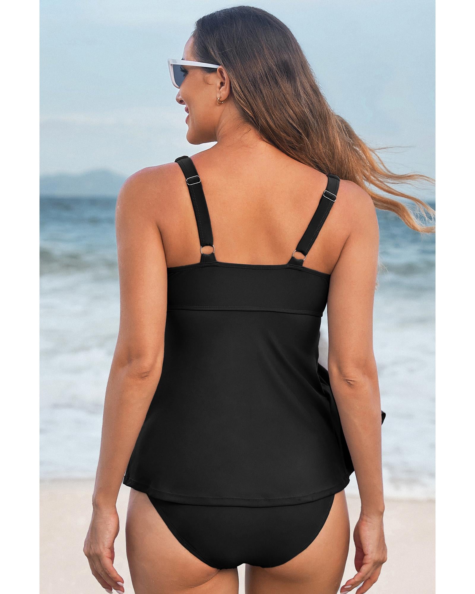 Black Crossed V Neck Adjustable Strap Babydoll Tankini Top - L