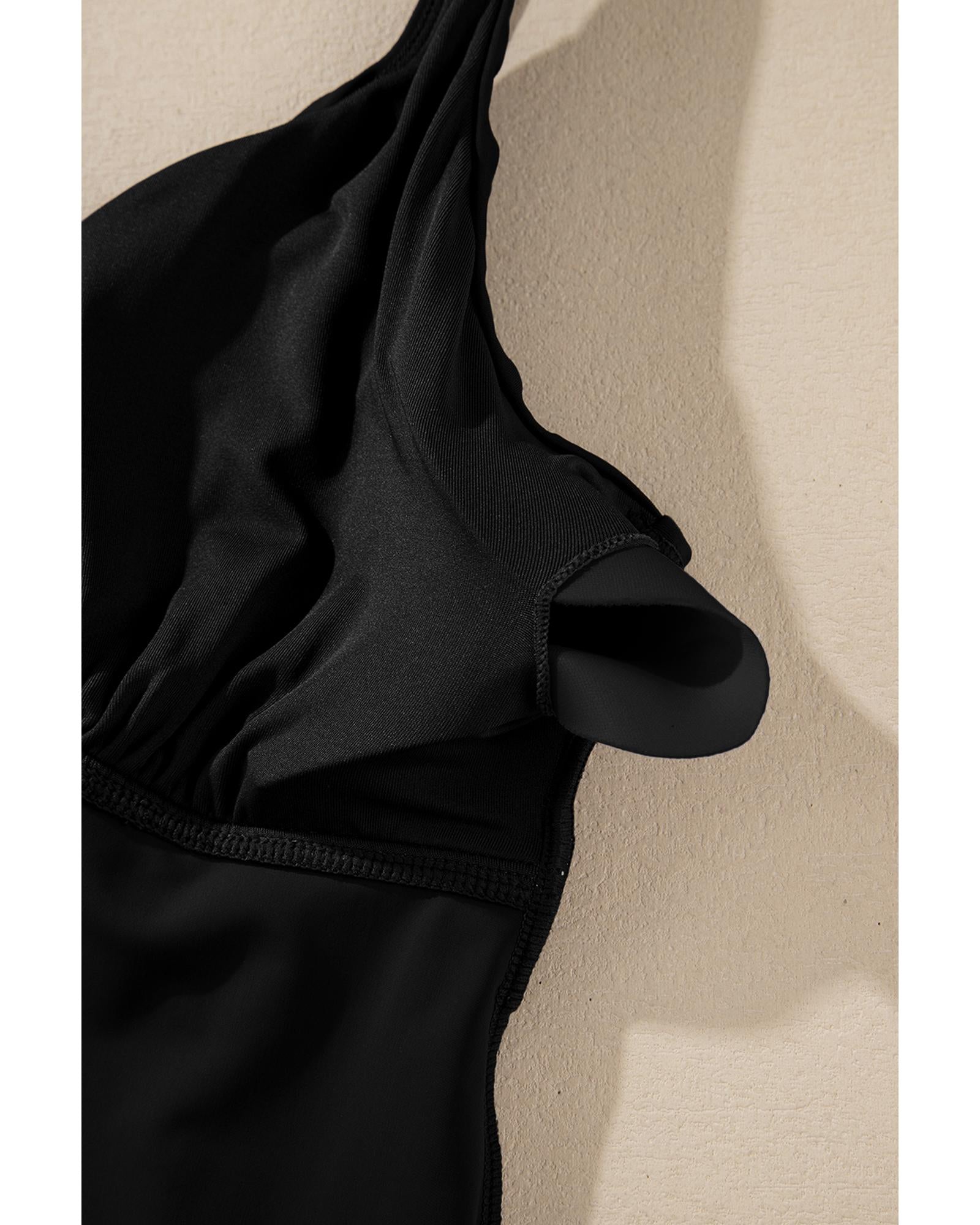 Black Crossed V Neck Adjustable Strap Babydoll Tankini Top - XL