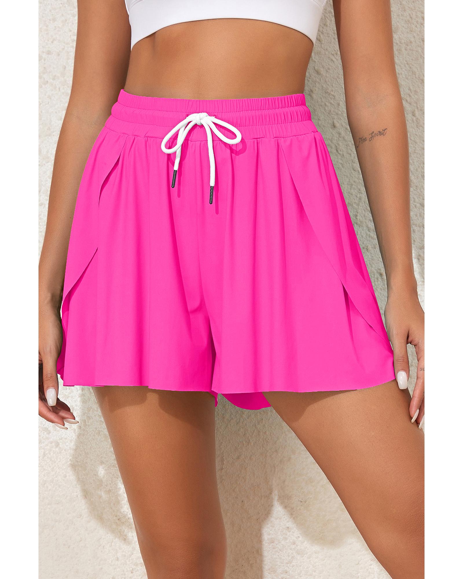 Rose Red Drawstring Elastic Waist Lined Ruffle Shorts Bikini Bottom - L