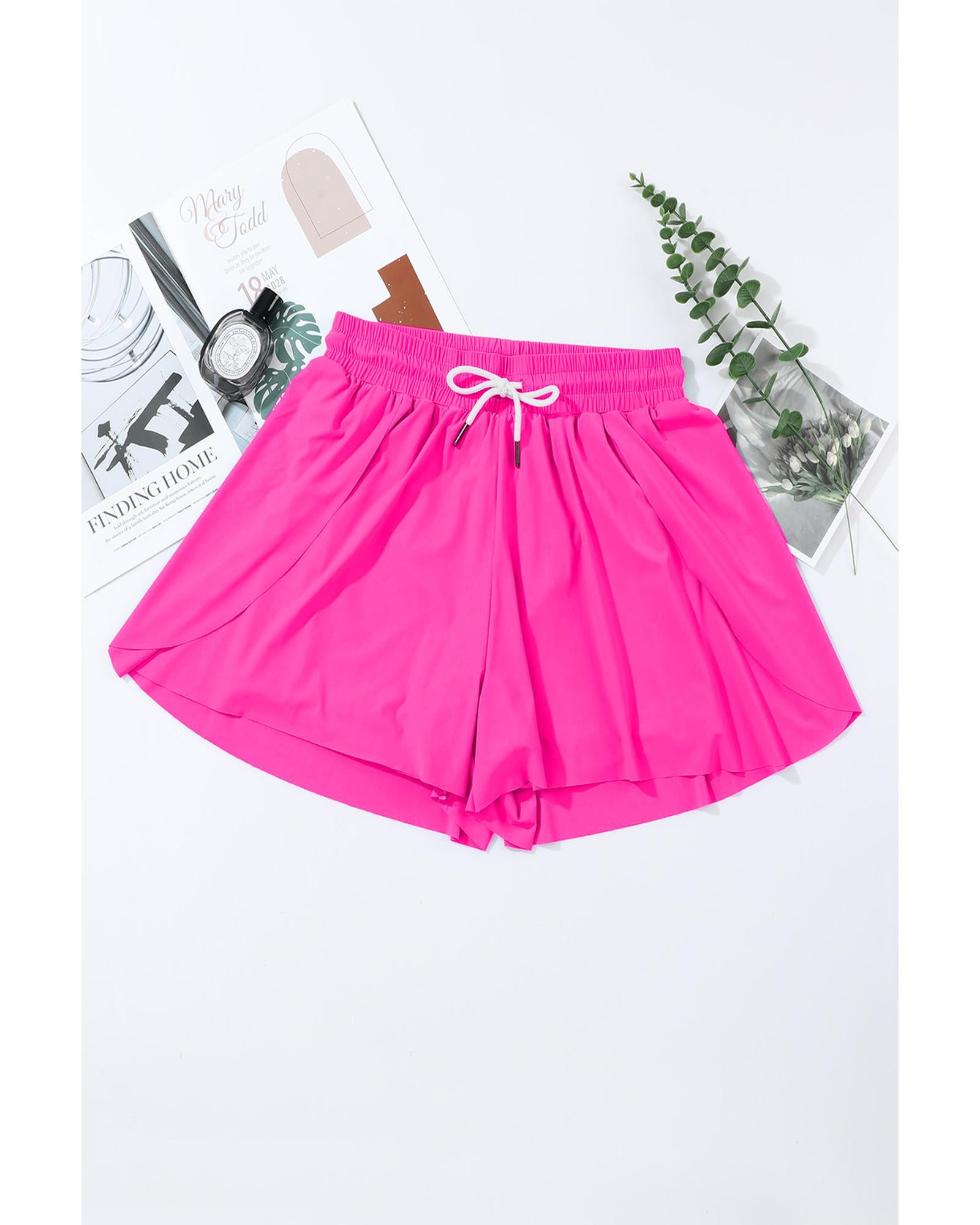 Rose Red Drawstring Elastic Waist Lined Ruffle Shorts Bikini Bottom - L