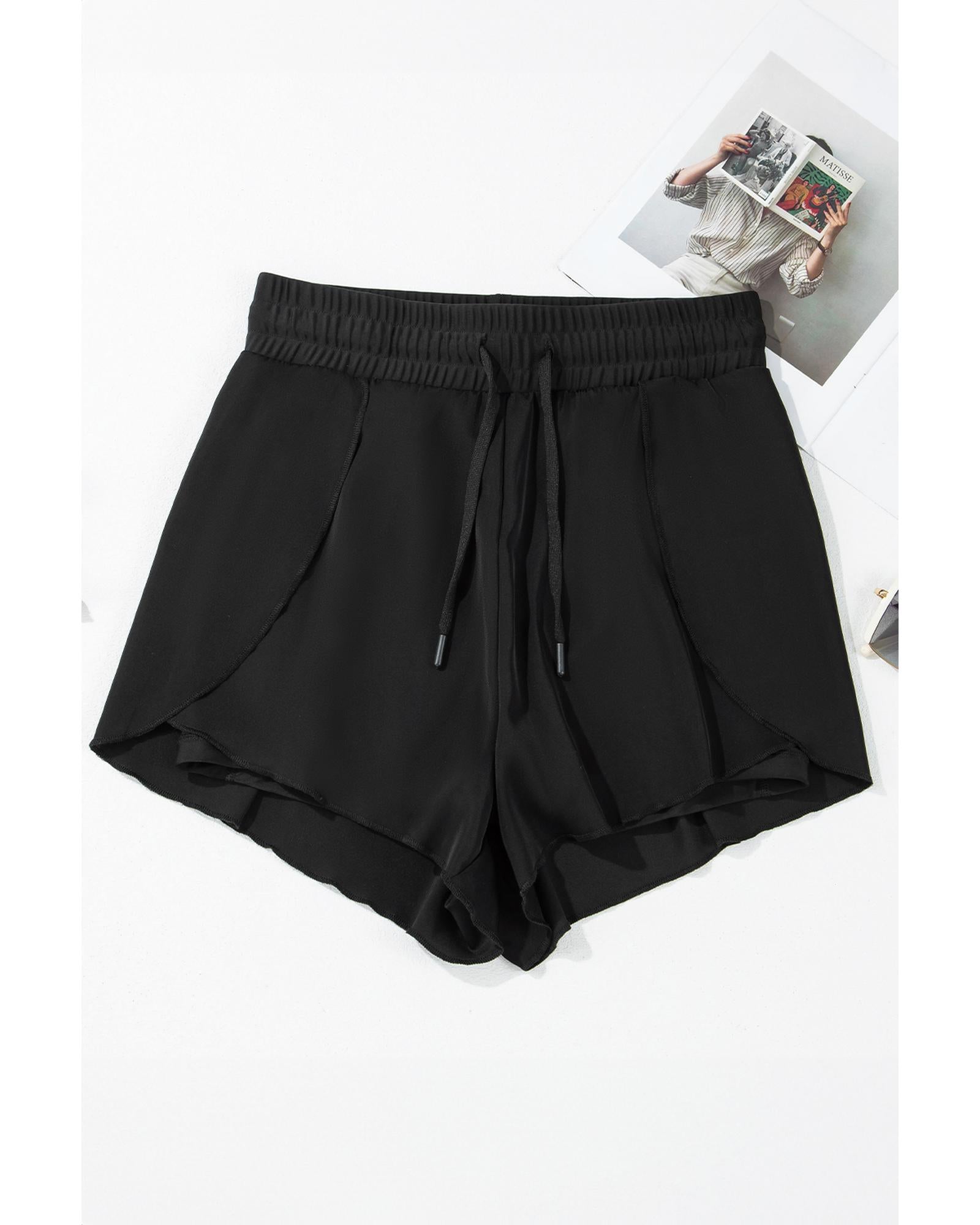 Black High Waisted Drawstring 2-in-1 Side Pocket Color Block Bikini Shorts - S