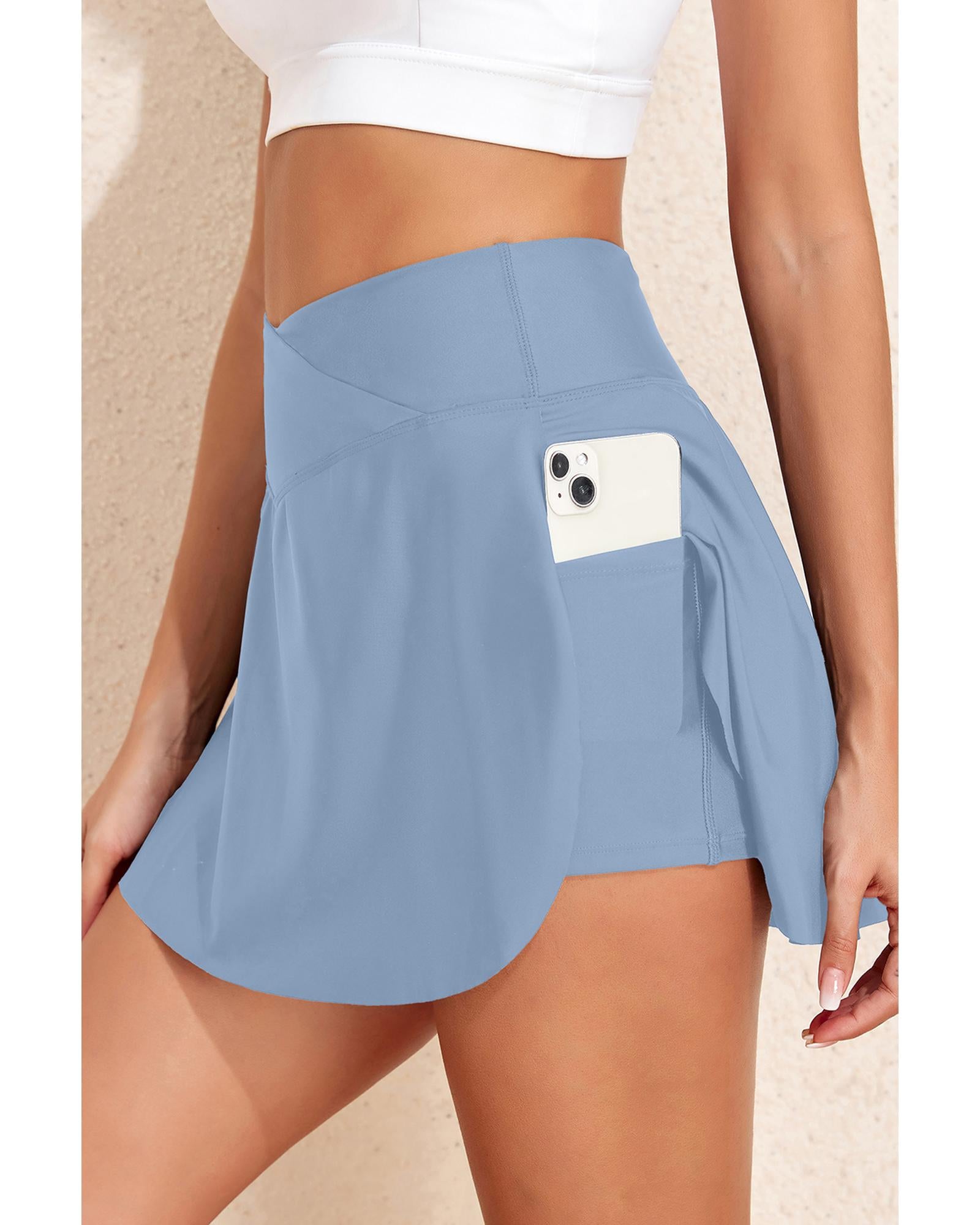 Beau Blue Solid Pocketed Crossover High Waist Swim Skort - M
