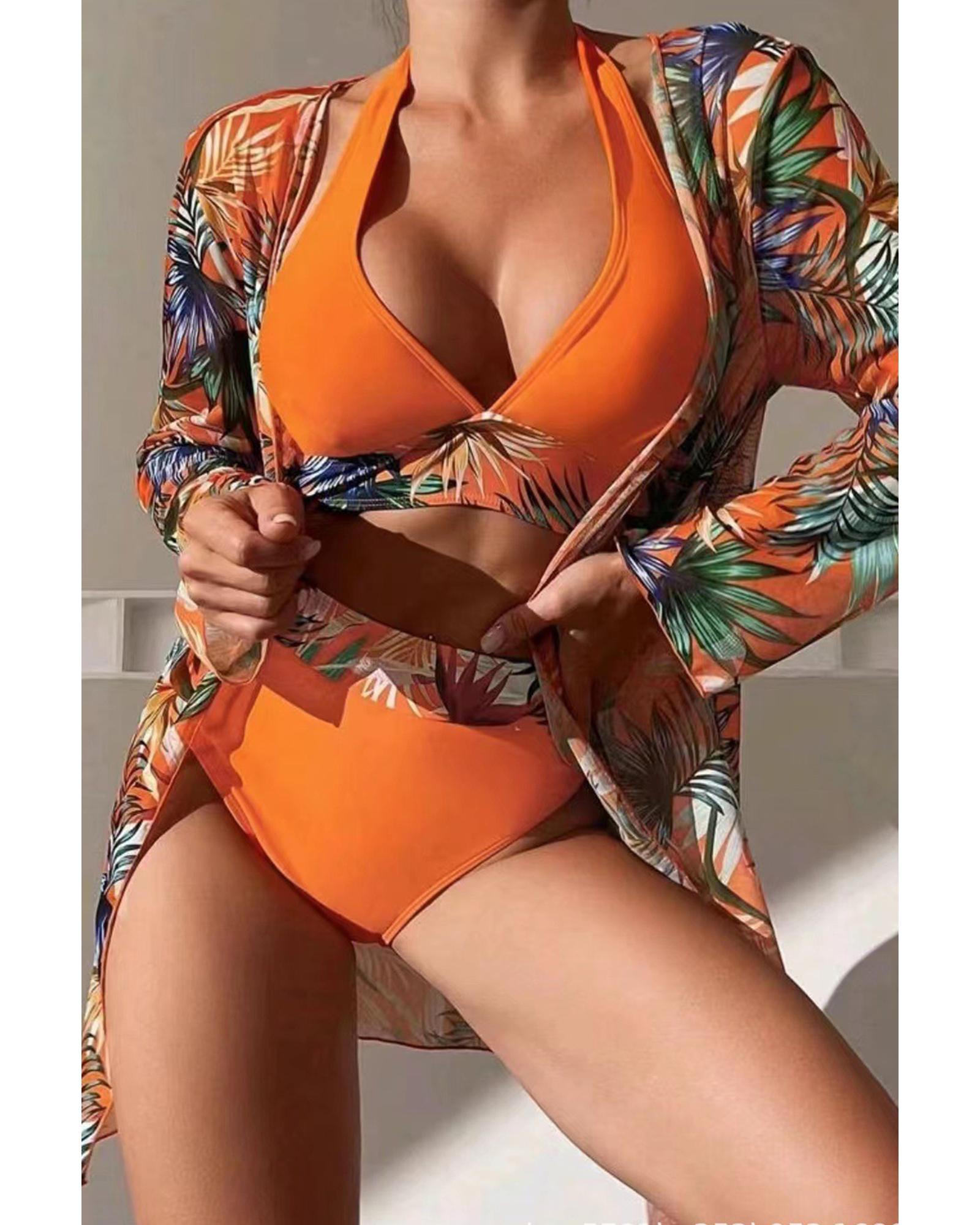 Carrot 3pcs Tropical Contrast Trim Halter Bikini Set with Cover up - S